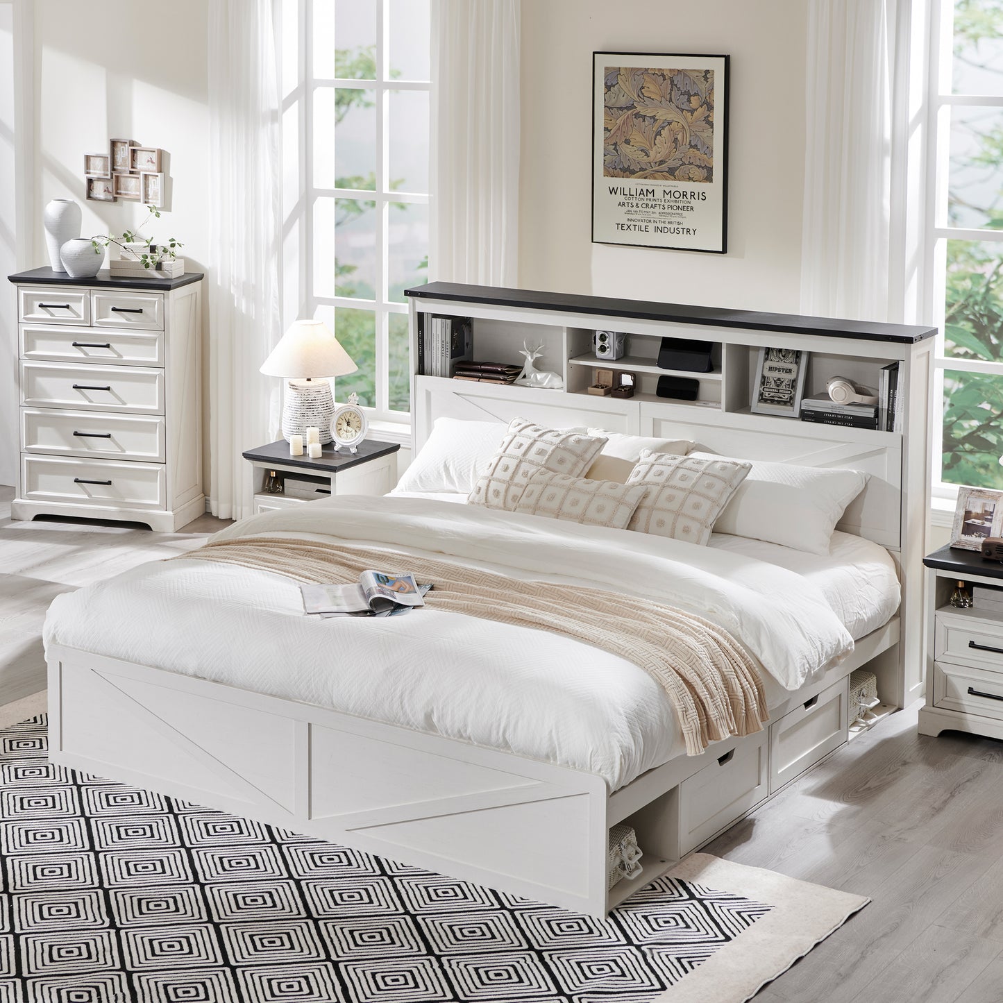 ACCOHOHO Farmhouse King Size Bed with 4 Drawers, Platform Storage Bed Frame with 52" Wooden Bookcase Headboard and LED Light
