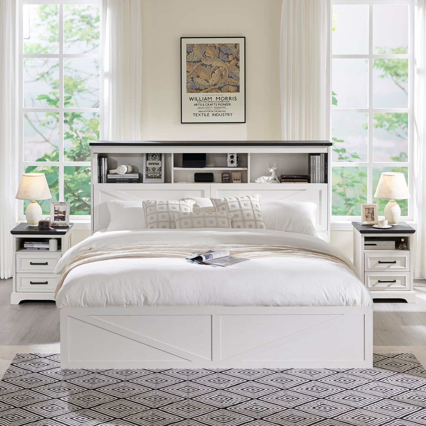 ACCOHOHO Farmhouse King Size Bed with 4 Drawers, Platform Storage Bed Frame with 52" Wooden Bookcase Headboard and LED Light
