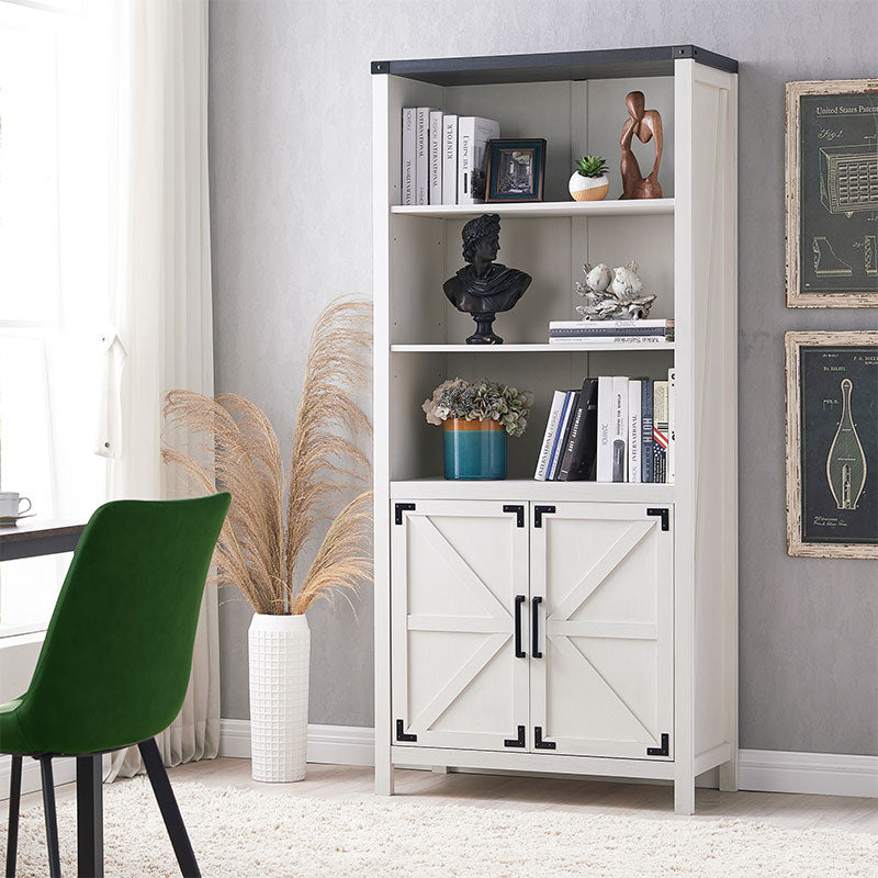 JXQTLINGMU 70 inch Farmhouse Bookcase with Doors, 5 Tier Large Bookshelf with Storage, Barn Door Kitchen Pantry