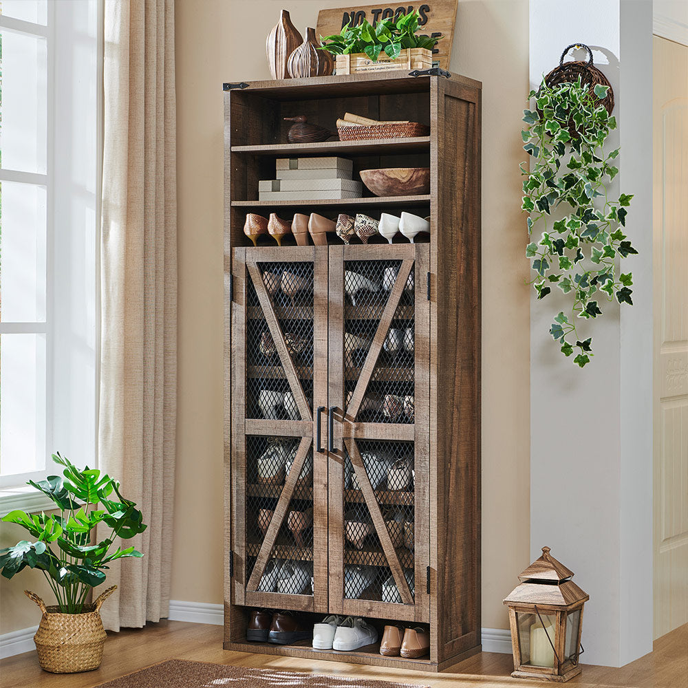 JXQTLINGMU Farmhouse Shoe Cabinet, 72 inch Tall Shoe Cabinet with Mesh Doors