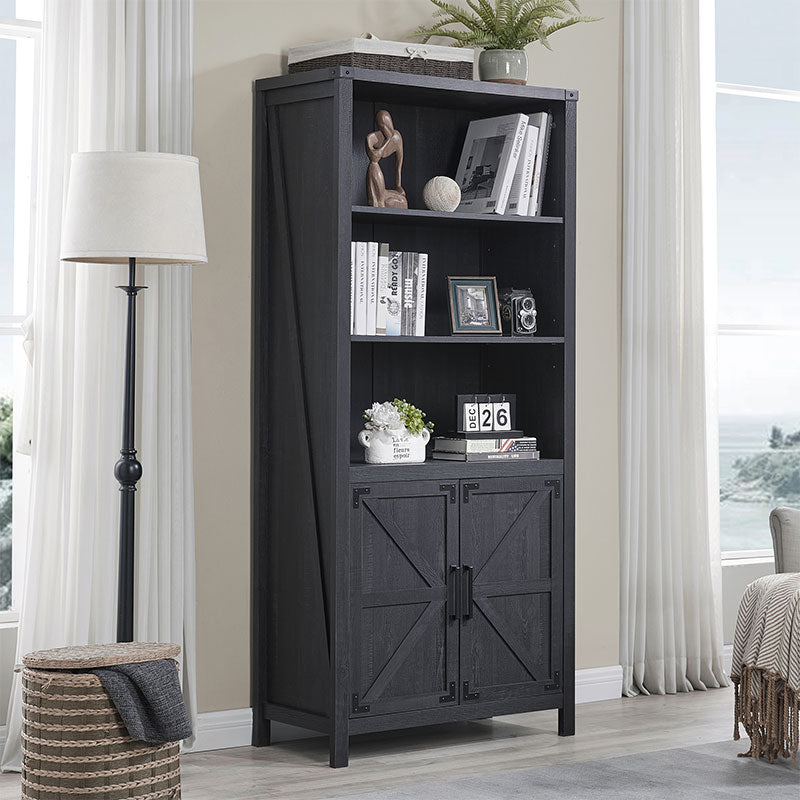 JXQTLINGMU 70 inch Farmhouse Bookcase with Doors, 5 Tier Large Bookshelf with Storage, Barn Door Kitchen Pantry