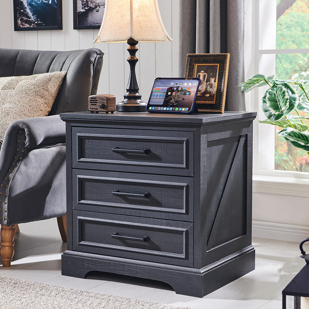 JXQTLINGMU 24 Inch 3 drawers Farmhouse Nightstand with Charging Station