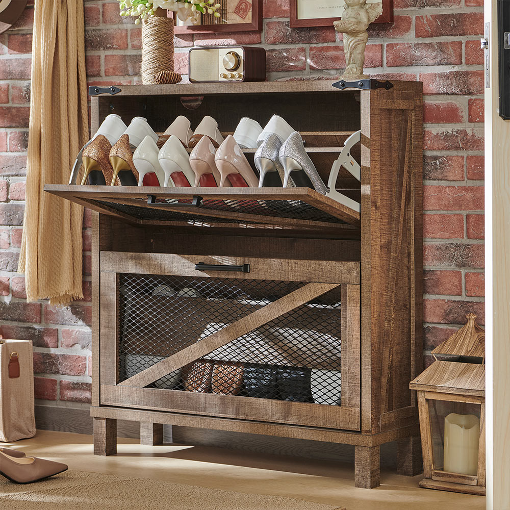 JXQTLINGMU Shoe Cabinet with 2 Flip Drawers, Farmhouse Shoe Storage Cabinet with Mesh Doors and Adjustable Shelves
