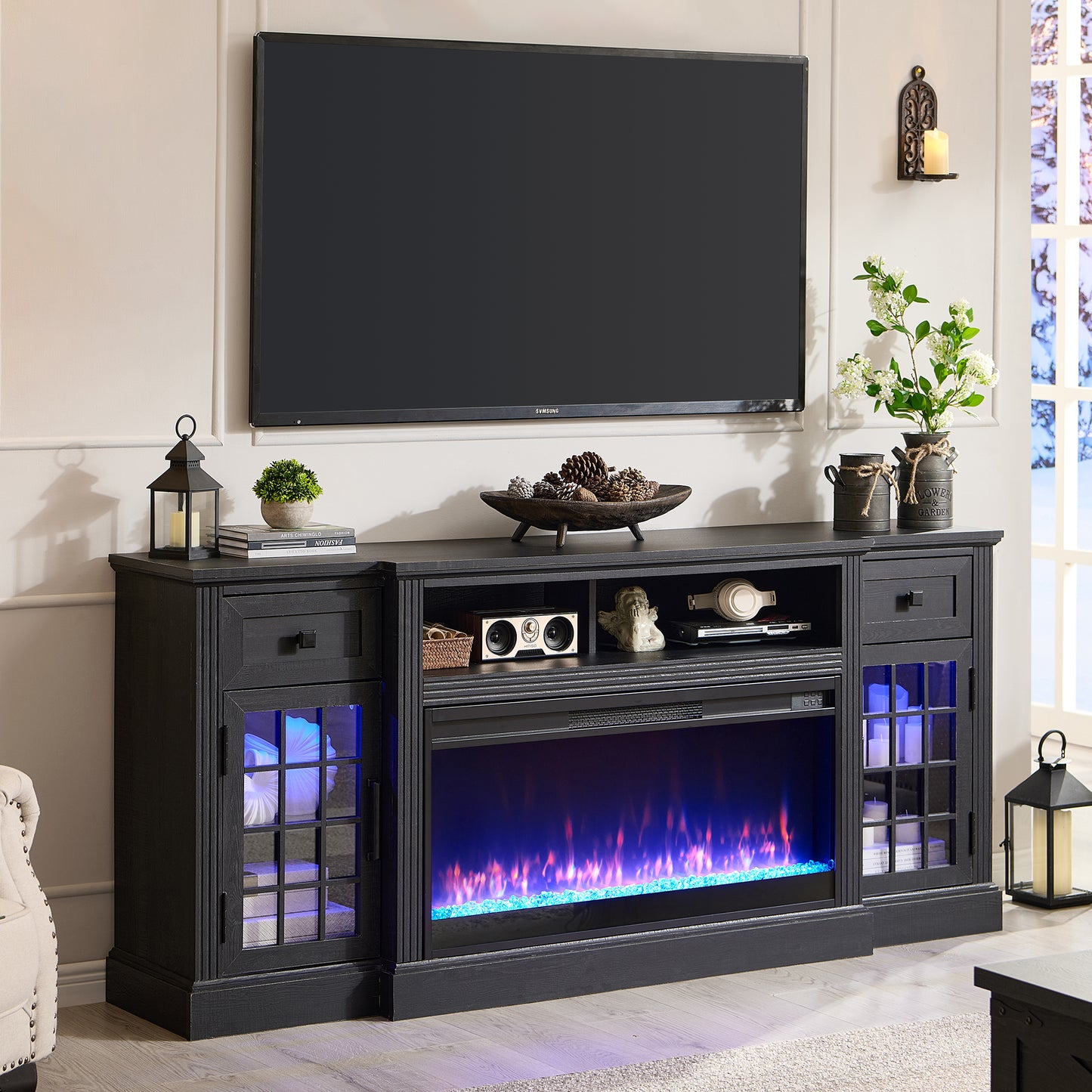 Fireplace TV Stand for 80 Inch TV, Farmhouse Highboy Entertainment Center with 36" Electric Fireplace, LED Lights, Glass Door Cabinet & Storage Drawer