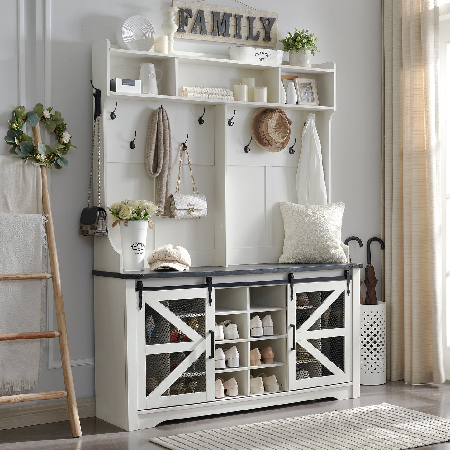T4TREAM Farmhouse Hall Tree with Bench and 20 Shoe Storage, Entryway Bench with Sliding Barn Door, and 12 Coat Hooks