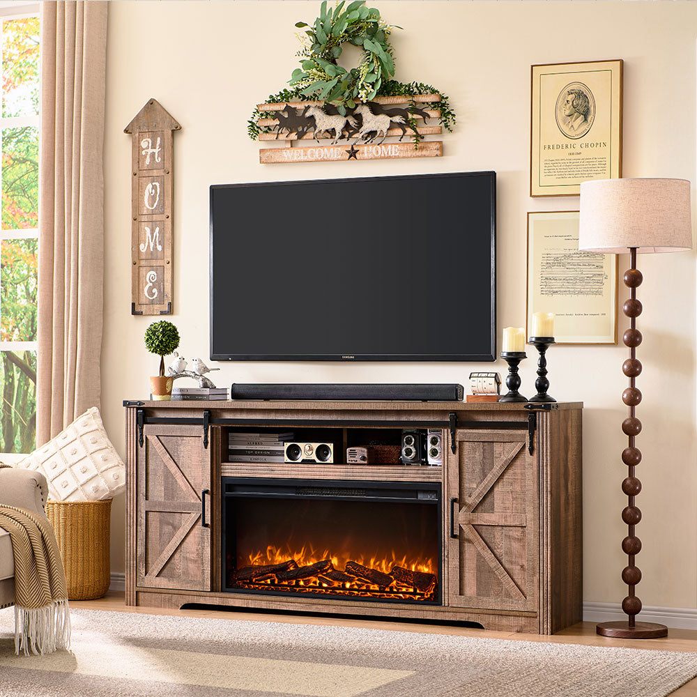 JXQTLINGMU Fireplace TV Stand for 80 Inch TV, Farmhouse Entertainment Center with 36" Fireplace, Modern Media Console with Sliding Barn Door