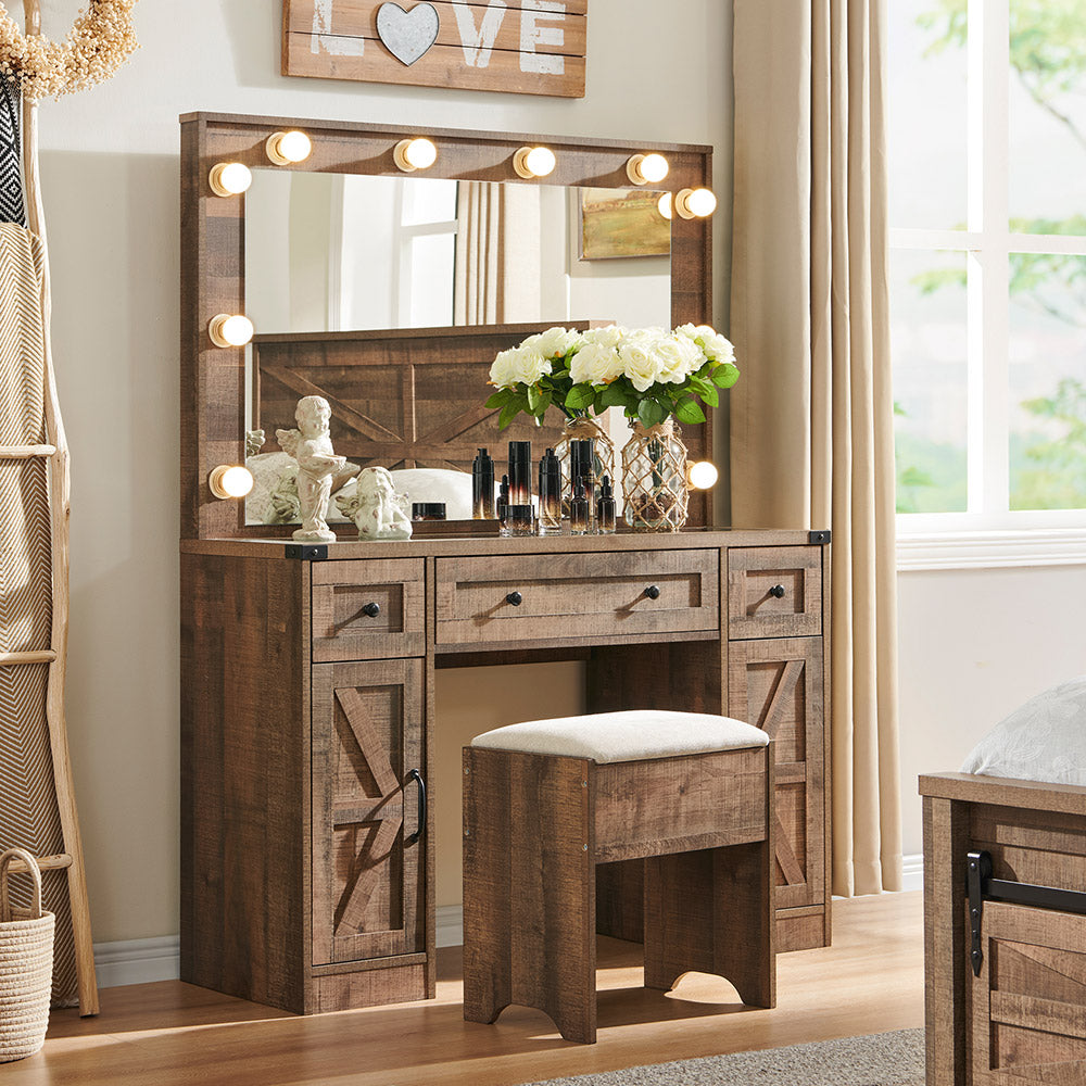 JXQTLINGMU 43 inch Farmhouse Makeup Vanity Set with Mirror and Lights