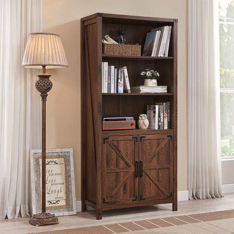 JXQTLINGMU 70 inch Farmhouse Bookcase with Doors, 5 Tier Large Bookshelf with Storage, Barn Door Kitchen Pantry