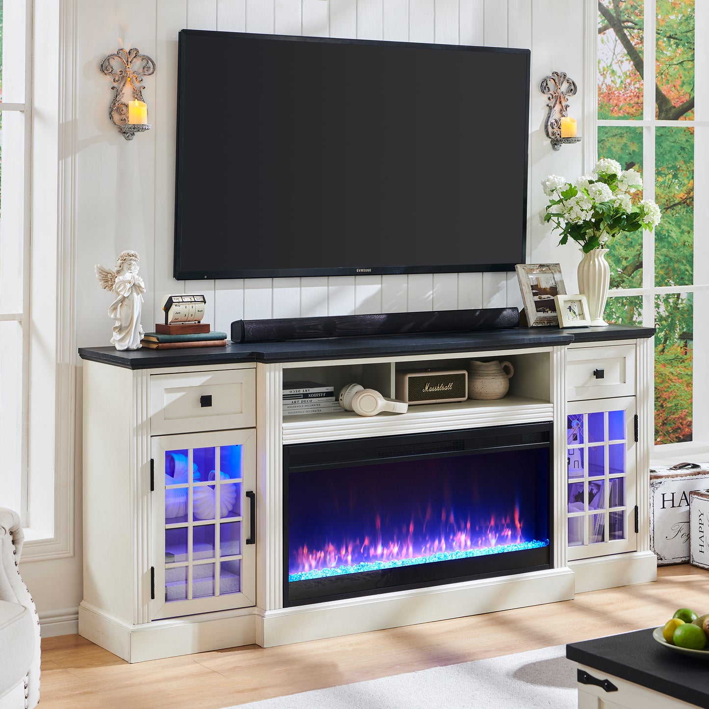 Fireplace 70" TV Stand for TVs up to 80", Farmhouse Highboy Entertainment Center with LED Lights & 36" Electric Fireplace