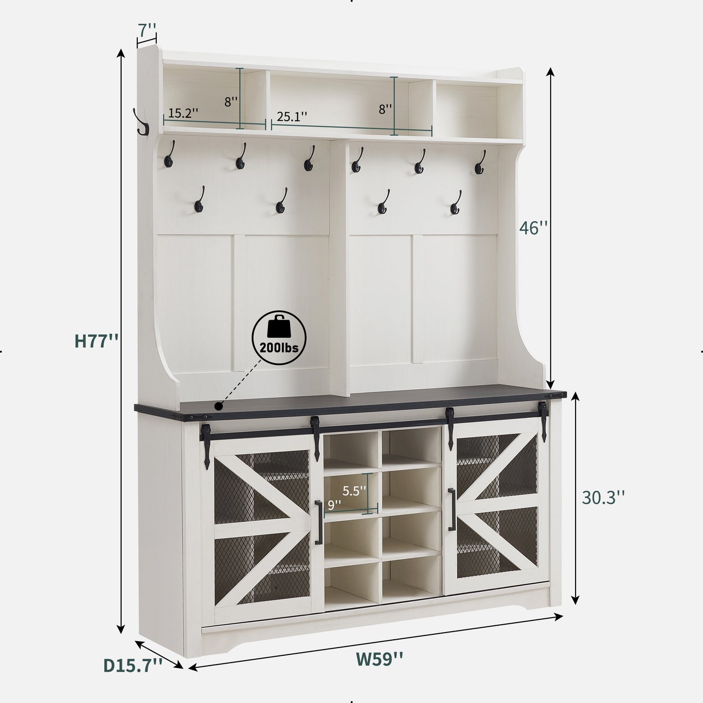 T4TREAM Farmhouse Hall Tree with Bench and 20 Shoe Storage, Entryway Bench with Sliding Barn Door, and 12 Coat Hooks