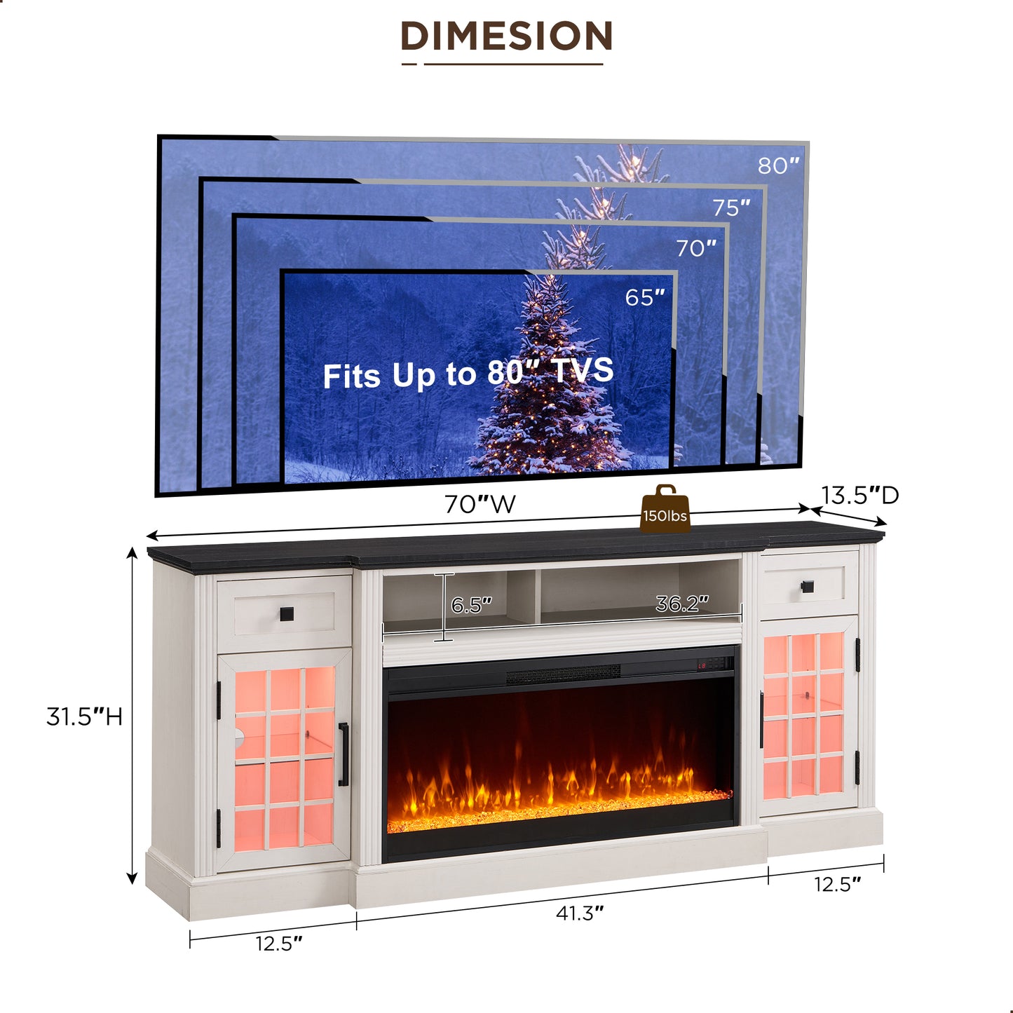 Fireplace 70" TV Stand for TVs up to 80", Farmhouse Highboy Entertainment Center with LED Lights & 36" Electric Fireplace