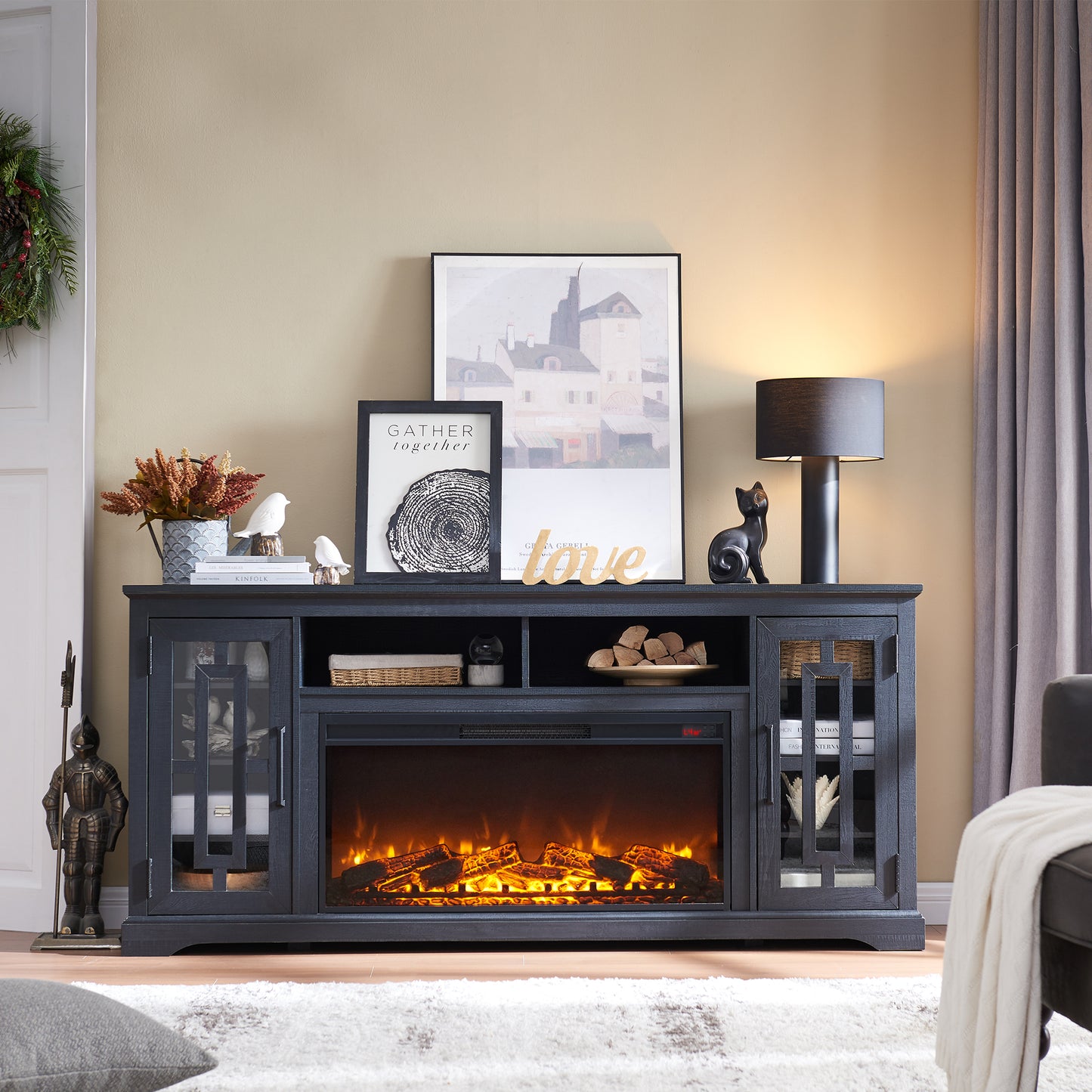 T4TREAM 70" Fireplace TV Stand for 75 80 inch TV, Farmhouse Highboy Entertainment Center for Living Room, Black