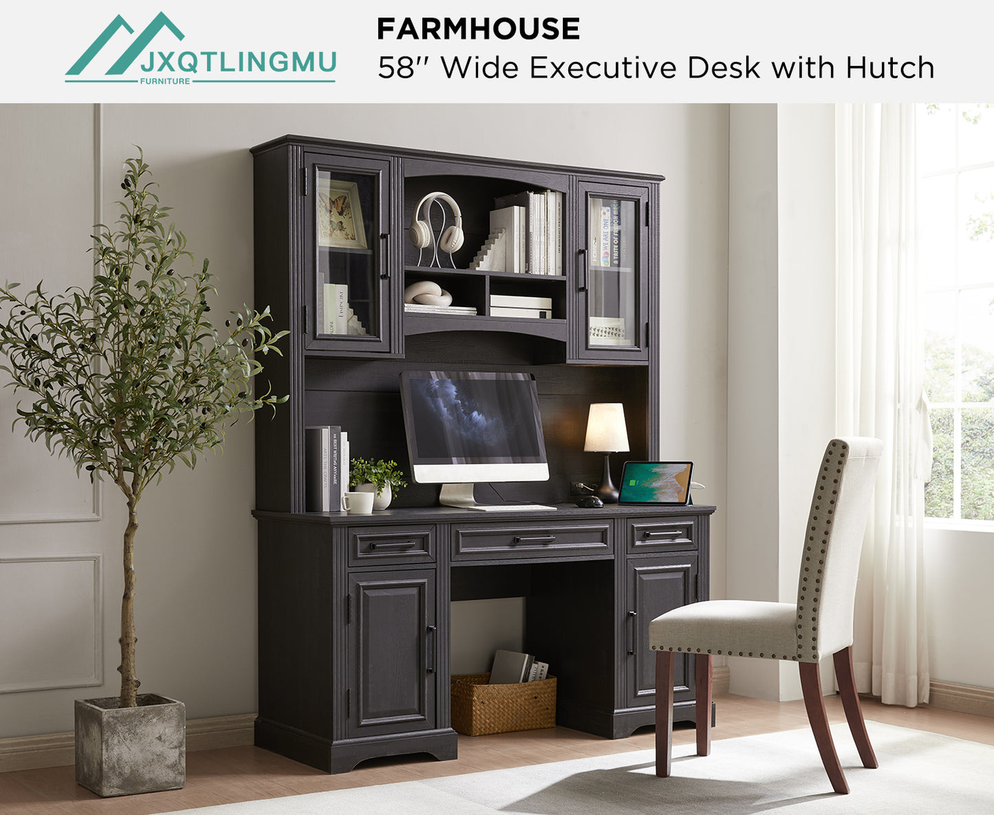 JXQTLINGMU Farmhouse Executive Computer Desk with Hutch, Office Desk with Charging Station