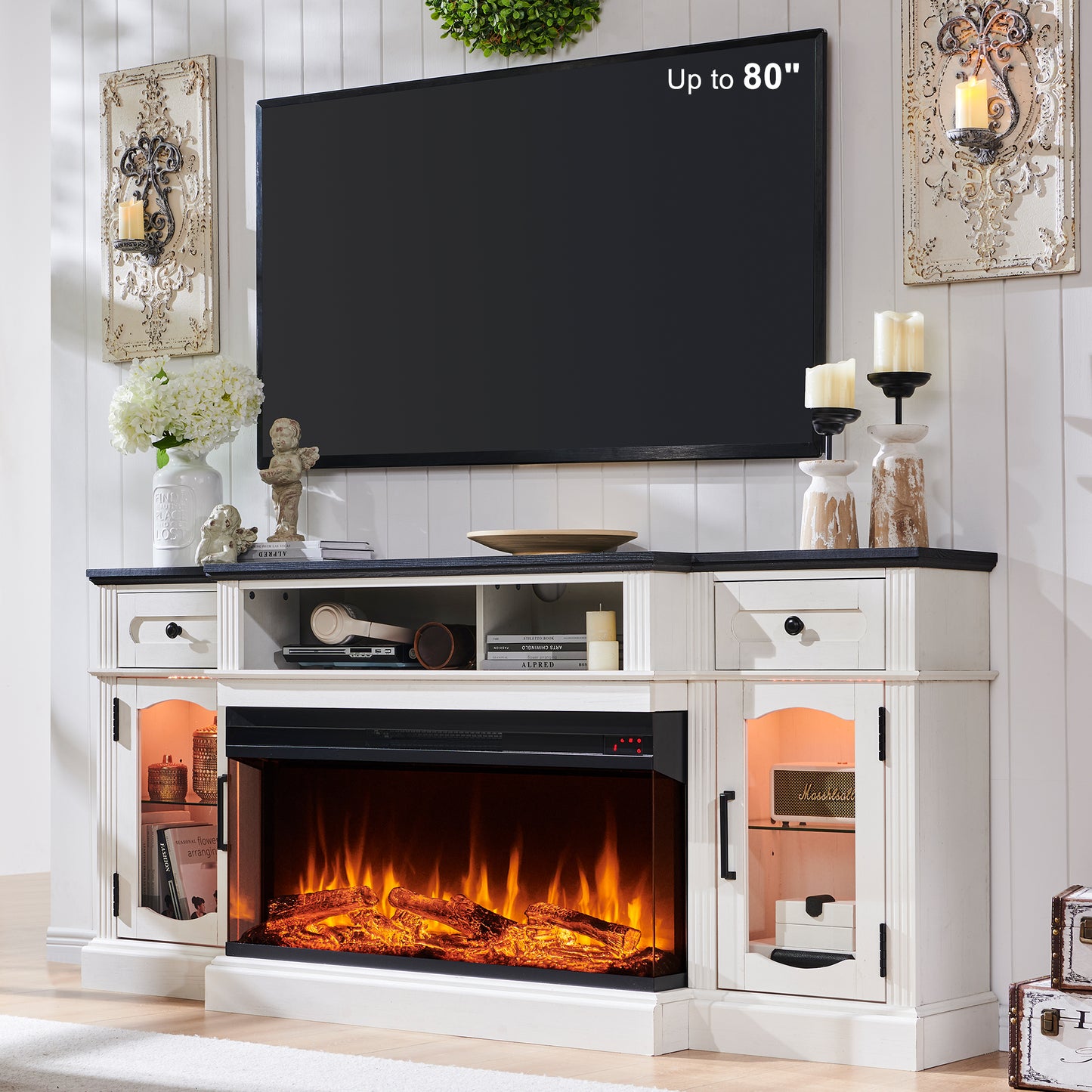 T4TREAM Farmhouse 70" Fireplace Electric TV Stand for TVs up to 80", Highboy Media Console with 36" 3-Sided Glass Fireplace & LED Lights, Entertainment Center for Bedroom/Living Room, Antique White
