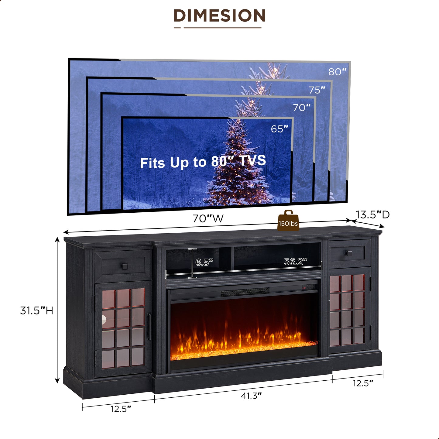 Fireplace TV Stand for 80 Inch TV, Farmhouse Highboy Entertainment Center with 36" Electric Fireplace, LED Lights, Glass Door Cabinet & Storage Drawer
