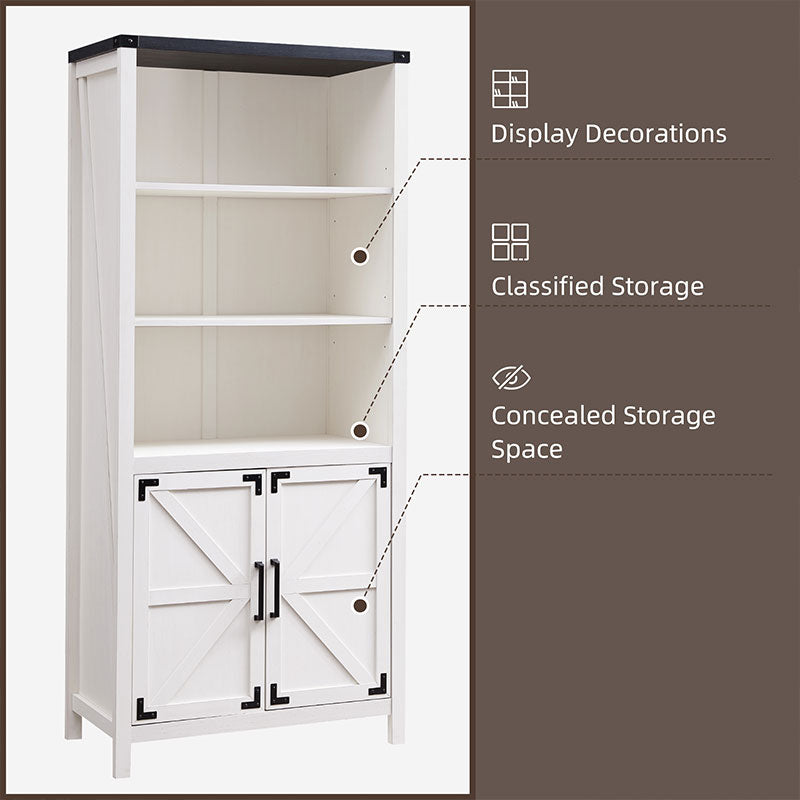 JXQTLINGMU 70 inch Farmhouse Bookcase with Doors, 5 Tier Large Bookshelf with Storage, Barn Door Kitchen Pantry