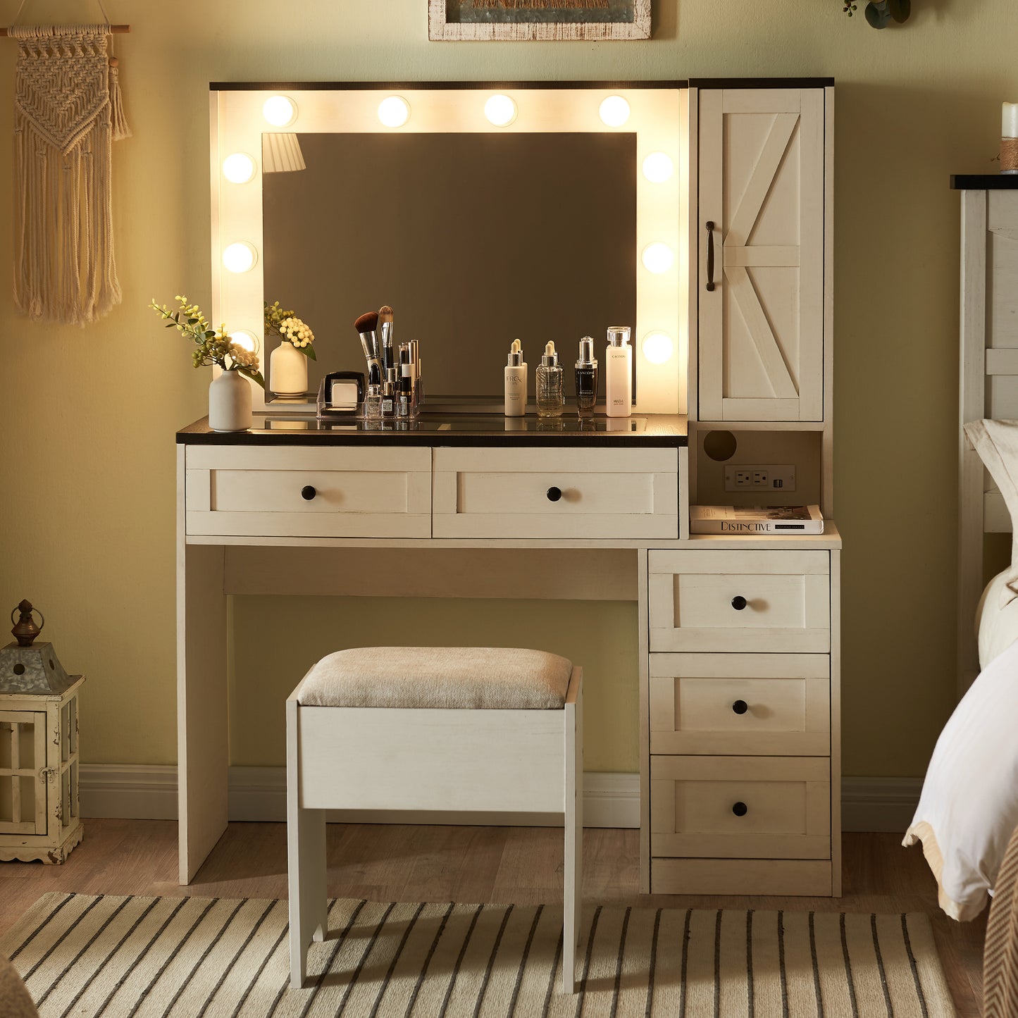 Farmhouse Vanity Desk with LED Lighted Mirror, Rustic Makeup Vanity Desk with Power Outlet, 3 Drawers and Stool for Bedroom, White