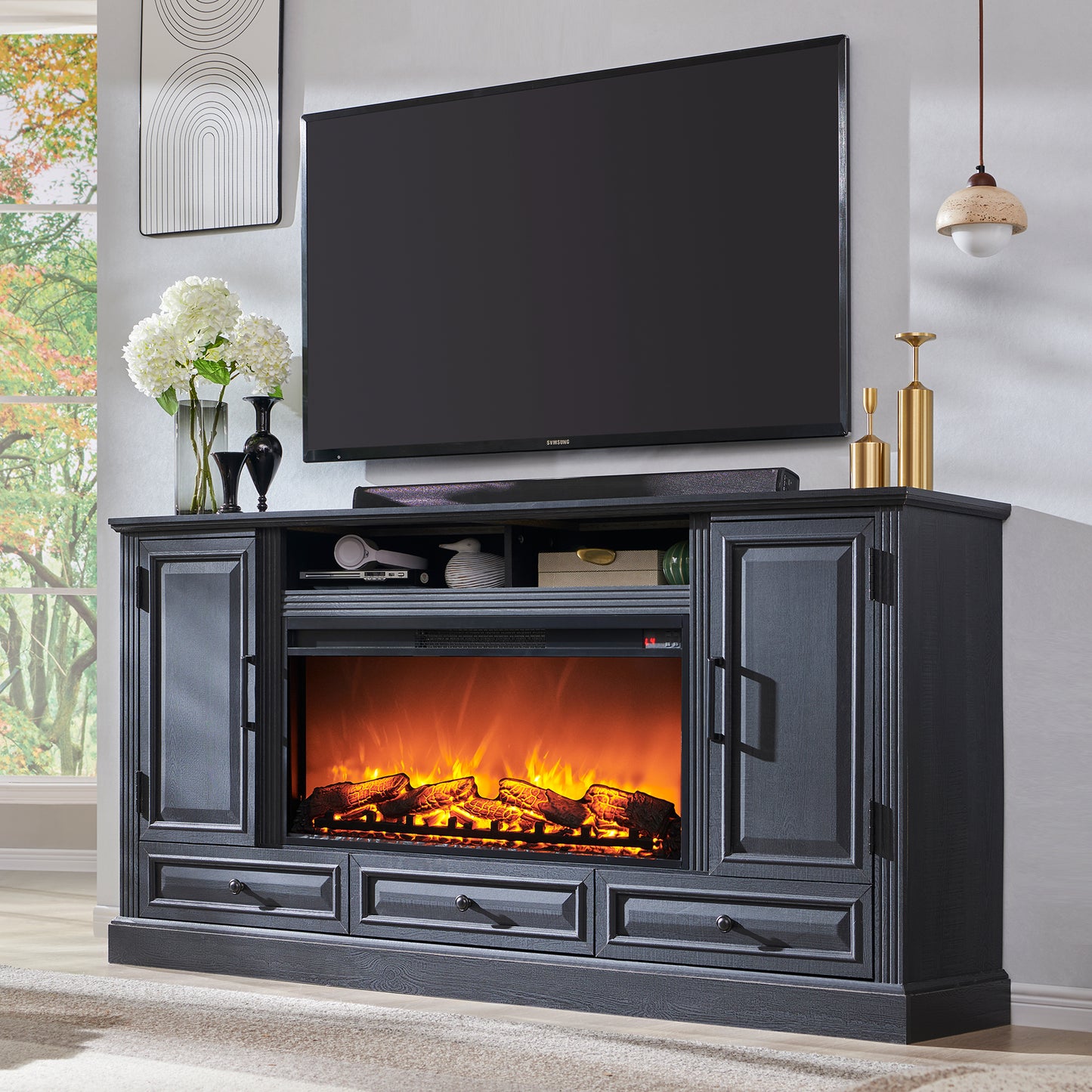 T4TREAM Farmhouse 70" Fireplace TV Stand for TVs up to 80", Entertainment Center W/36" Electric Fireplace Highboy Media Console with Large Storage Cabinets and Drawers for Living Room