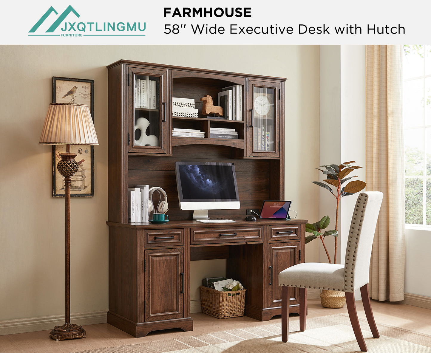 JXQTLINGMU Farmhouse Executive Computer Desk with Hutch, Office Desk with Charging Station