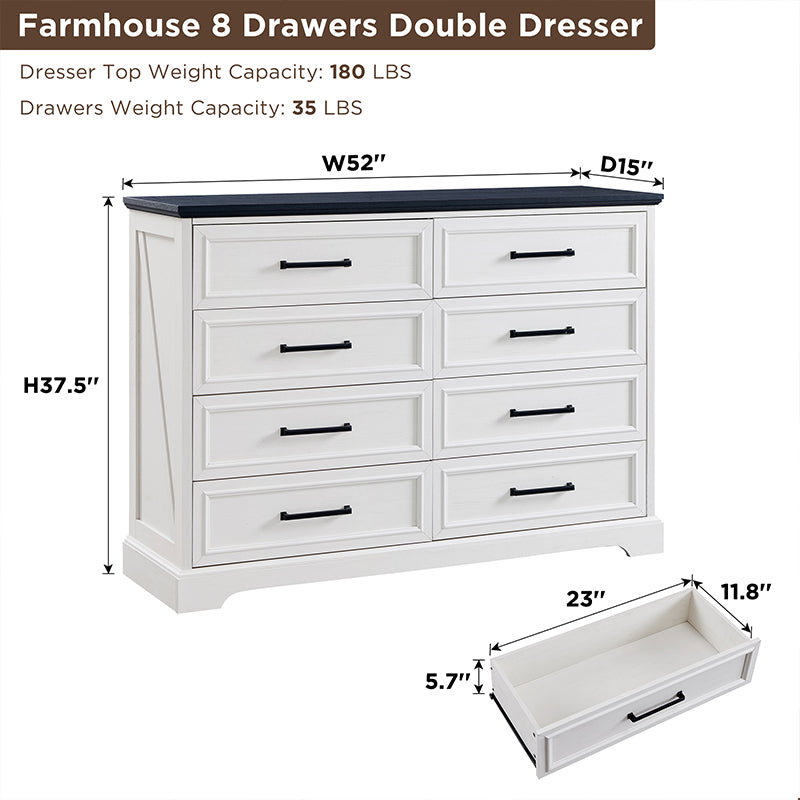 JXQTLINGMU 52 inch Farmhouse 8 Drawers Double Dresser