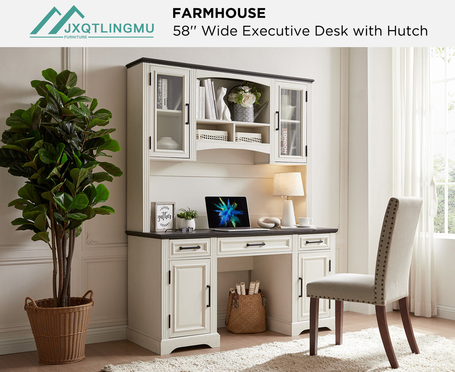 JXQTLINGMU Farmhouse Executive Computer Desk with Hutch, Office Desk with Charging Station