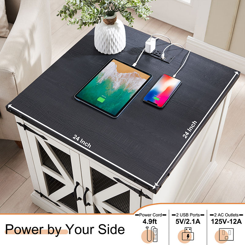JXQTLINGMU Farmhouse End Table, 24 inch Large Sofa Side Table with Charging Station