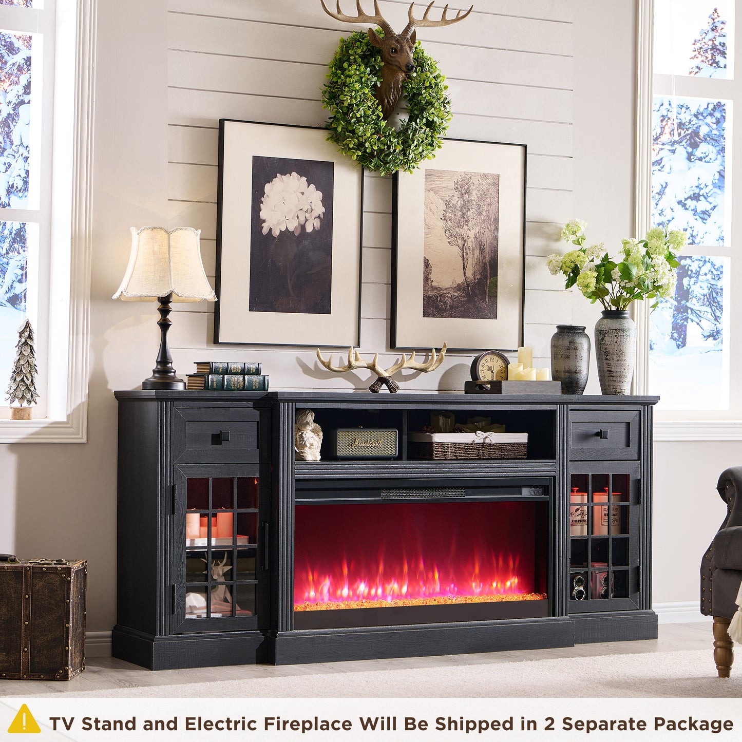 Fireplace TV Stand for 80 Inch TV, Farmhouse Highboy Entertainment Center with 36" Electric Fireplace, LED Lights, Glass Door Cabinet & Storage Drawer