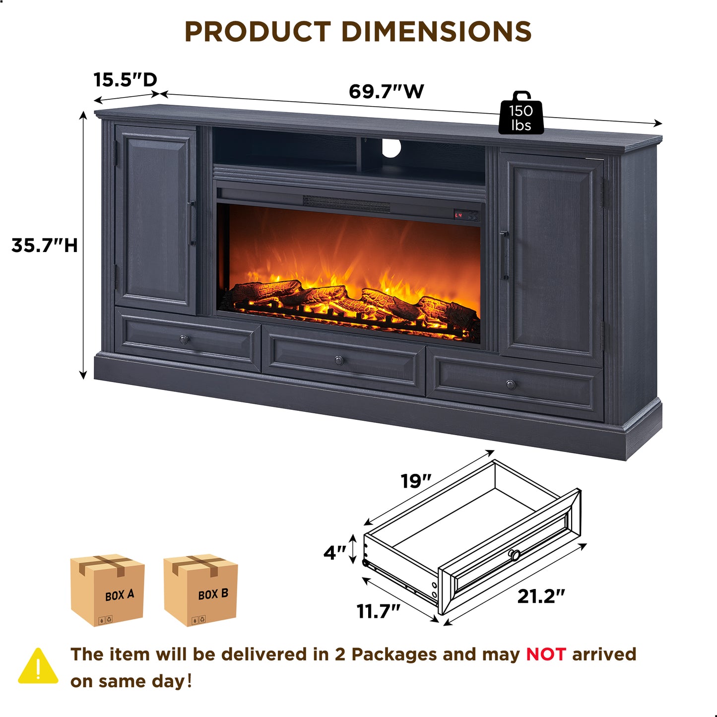 T4TREAM Farmhouse 70" Fireplace TV Stand for TVs up to 80", Entertainment Center W/36" Electric Fireplace Highboy Media Console with Large Storage Cabinets and Drawers for Living Room