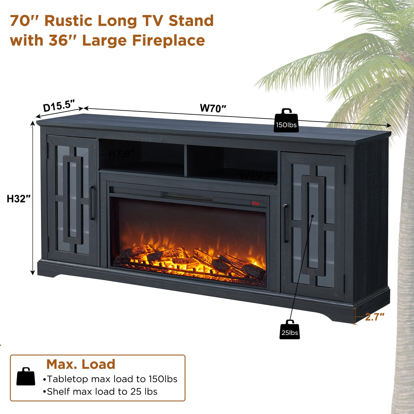 T4TREAM 70" Fireplace TV Stand for 75 80 inch TV, Farmhouse Highboy Entertainment Center for Living Room, Black