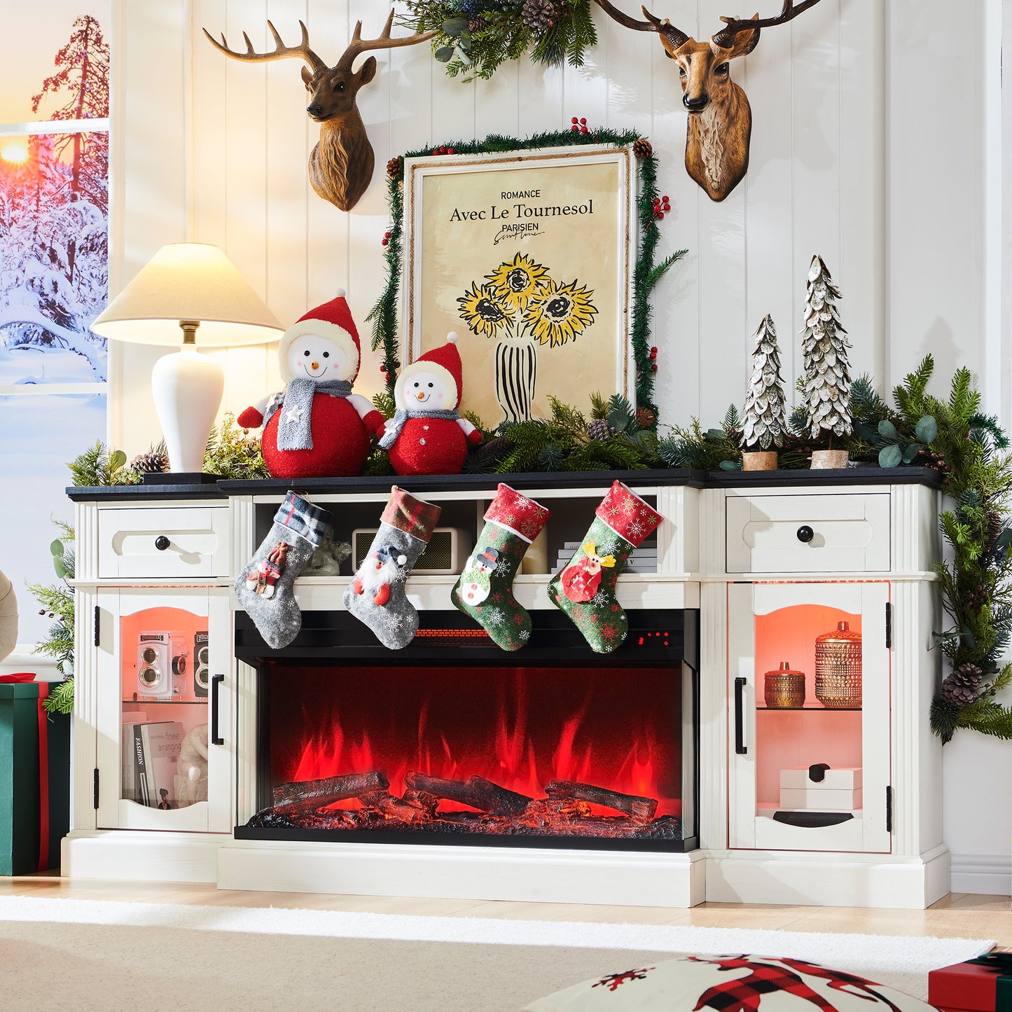 T4TREAM Farmhouse 70" Fireplace Electric TV Stand for TVs up to 80", Highboy Media Console with 36" 3-Sided Glass Fireplace & LED Lights, Entertainment Center for Bedroom/Living Room, Antique White