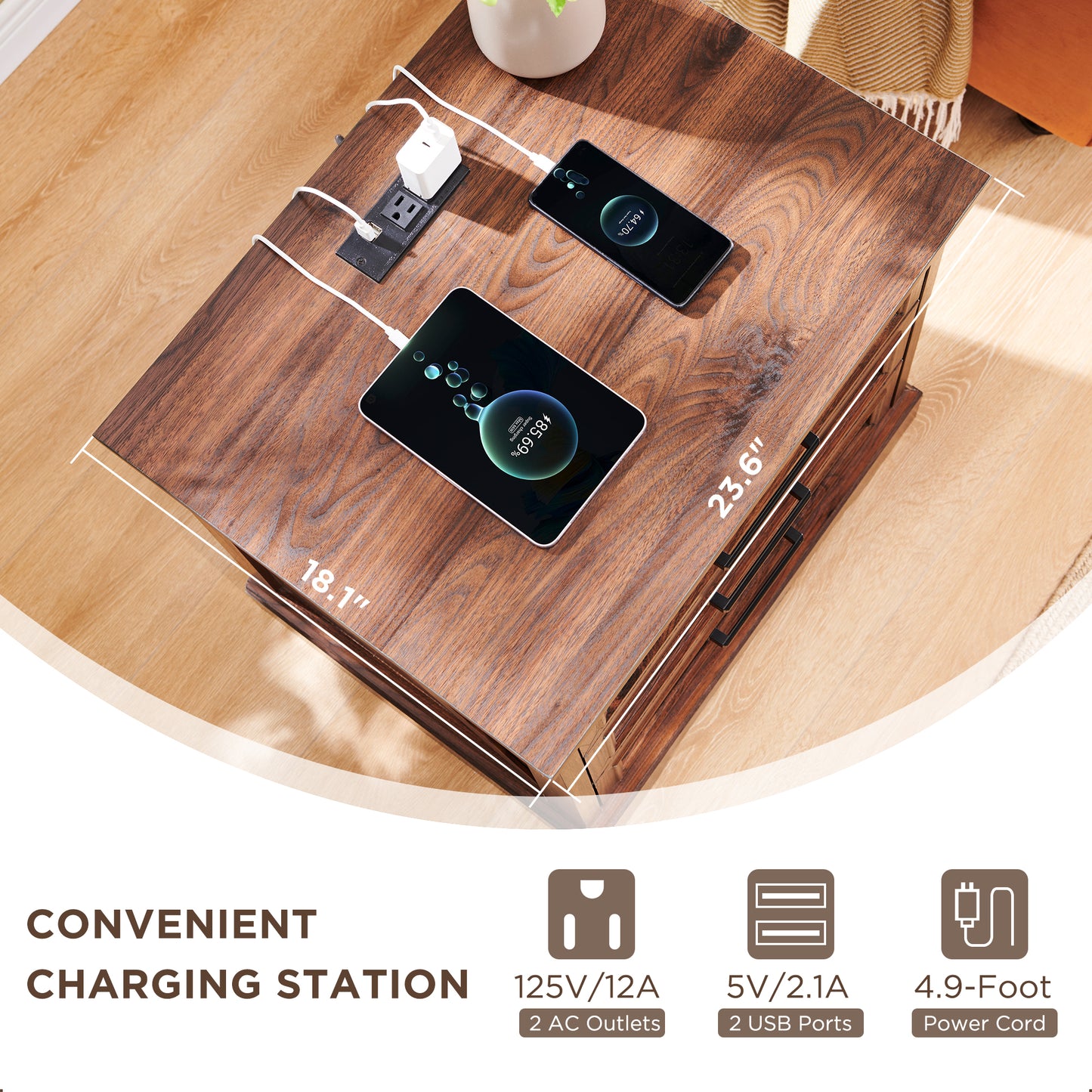 Rustic 3 Drawers Nightstand with Charging Station, 24" Wide Wood Farmhouse Night Stand with Drawers for Bedroom, Living Room