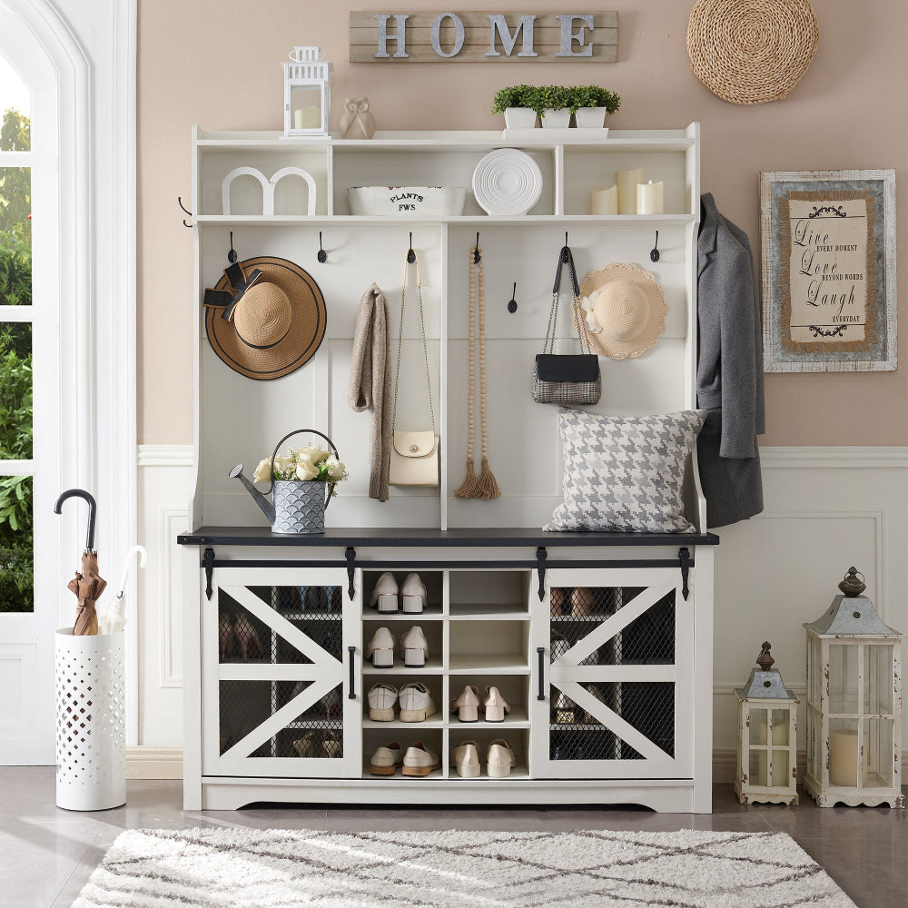 T4TREAM Farmhouse Hall Tree with Bench and 20 Shoe Storage, Entryway Bench with Sliding Barn Door, and 12 Coat Hooks