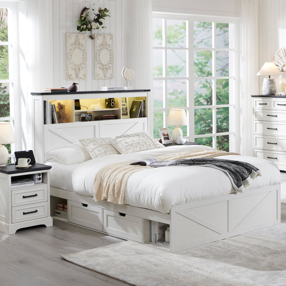 ACCOHOHO Farmhouse King Size Bed with 4 Drawers, Platform Storage Bed Frame with 52" Wooden Bookcase Headboard and LED Light