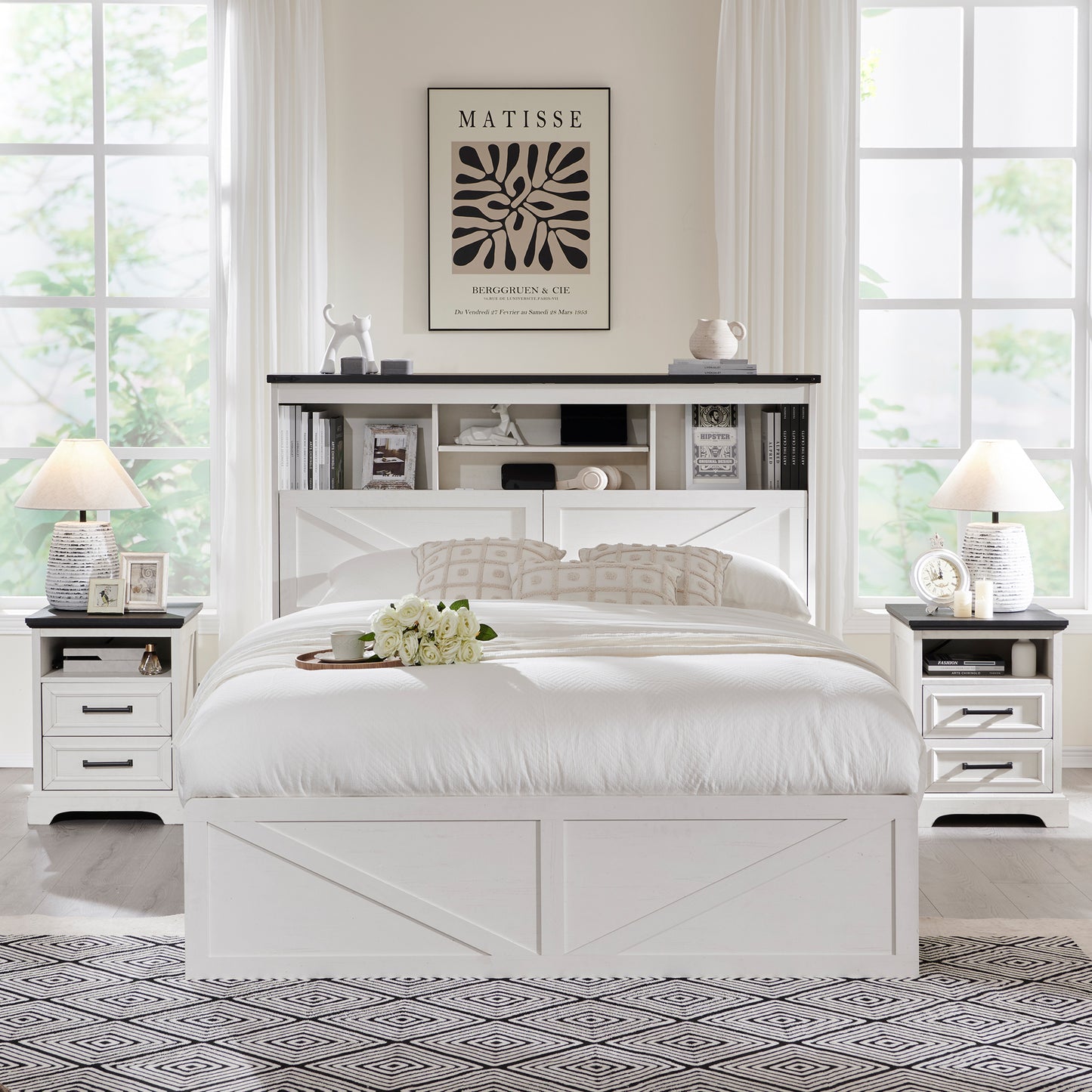 ACCOHOHO Farmhouse King Size Bed with 4 Drawers, Platform Storage Bed Frame with 52" Wooden Bookcase Headboard and LED Light