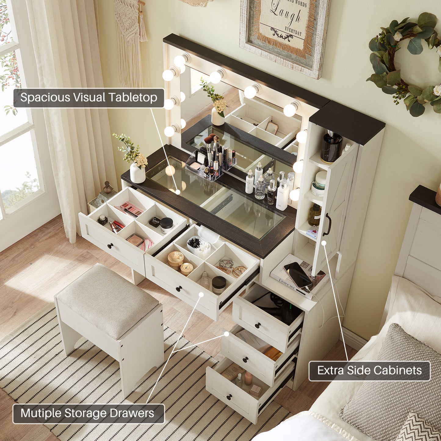 Farmhouse Vanity Desk with LED Lighted Mirror, Rustic Makeup Vanity Desk with Power Outlet, 3 Drawers and Stool for Bedroom, White