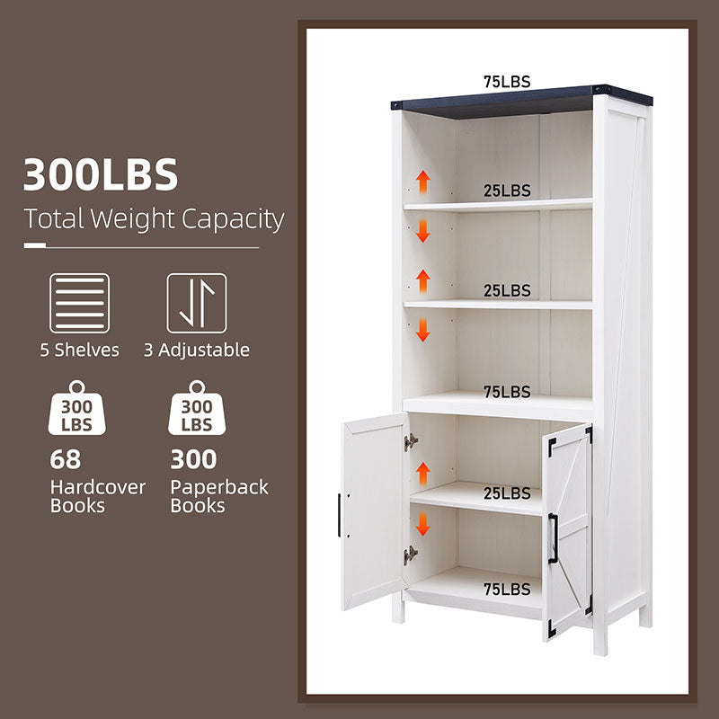JXQTLINGMU 70 inch Farmhouse Bookcase with Doors, 5 Tier Large Bookshelf with Storage, Barn Door Kitchen Pantry