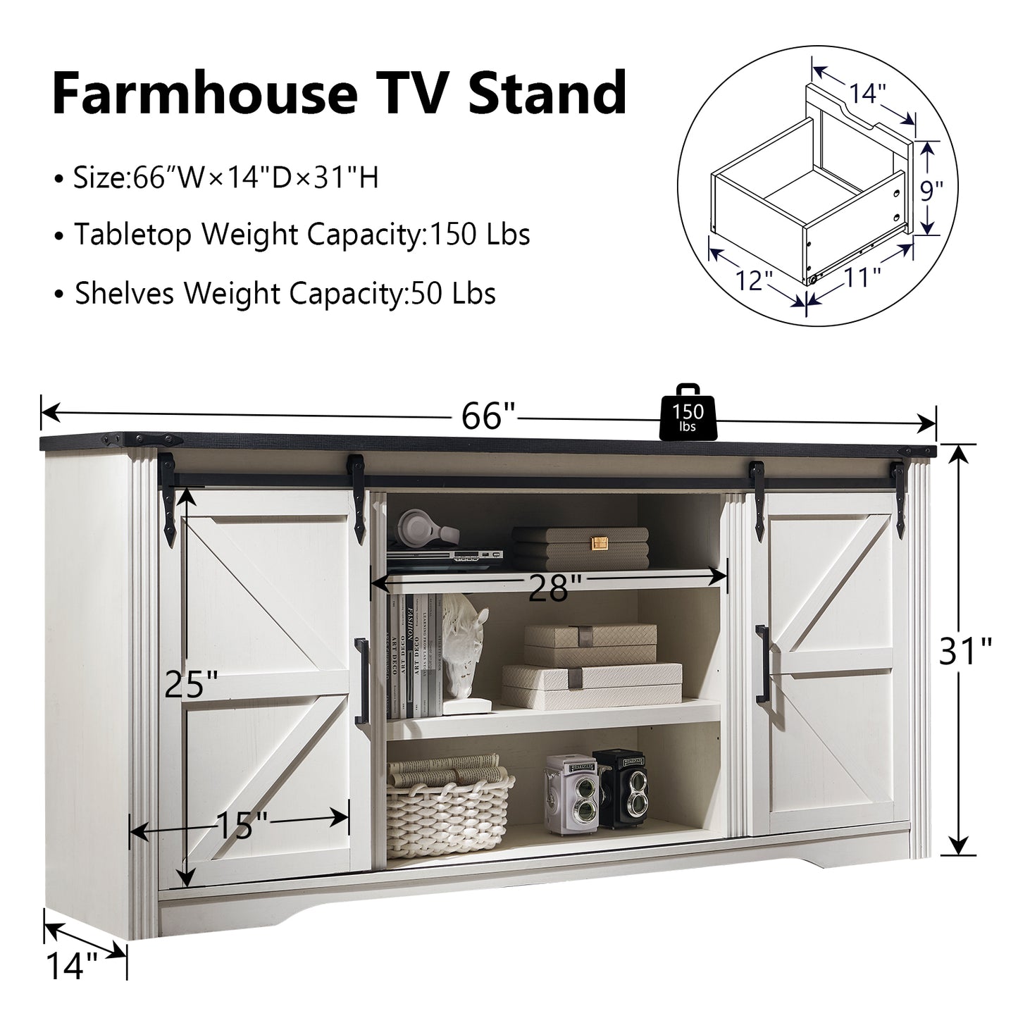 Farmhouse TV Stand with 4 Drawer for TVs up to 75", Farmhouse Entertainment Center with Adjustable Shelves & Barn Door