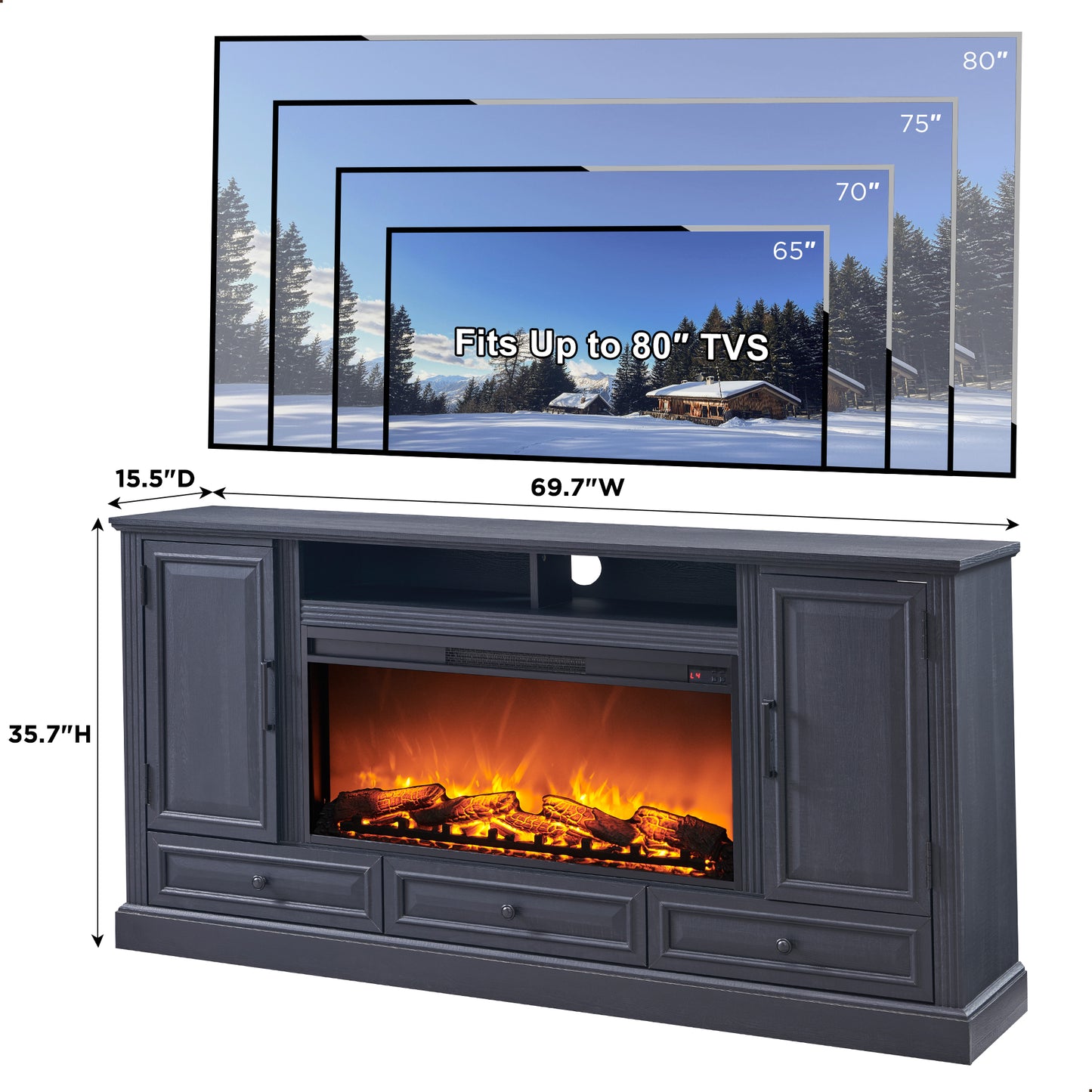 T4TREAM Farmhouse 70" Fireplace TV Stand for TVs up to 80", Entertainment Center W/36" Electric Fireplace Highboy Media Console with Large Storage Cabinets and Drawers for Living Room