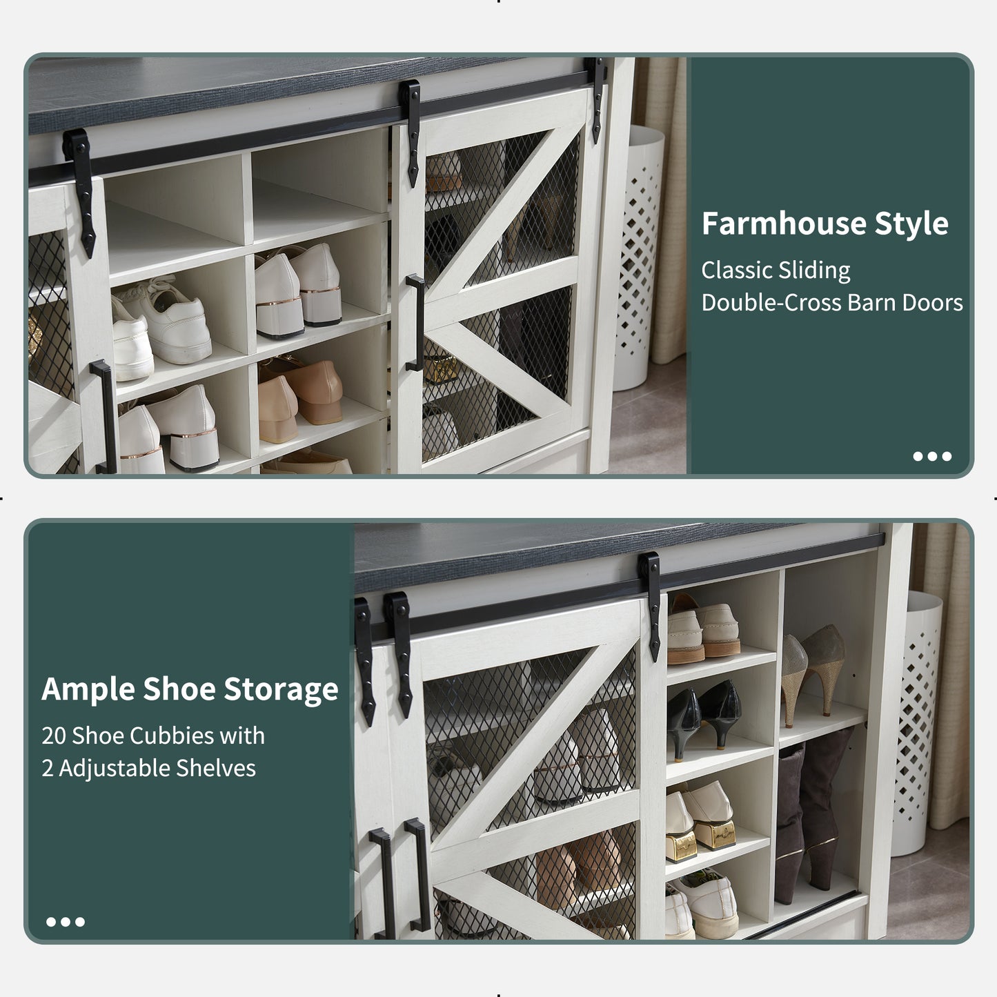 T4TREAM Farmhouse Hall Tree with Bench and 20 Shoe Storage, Entryway Bench with Sliding Barn Door, and 12 Coat Hooks