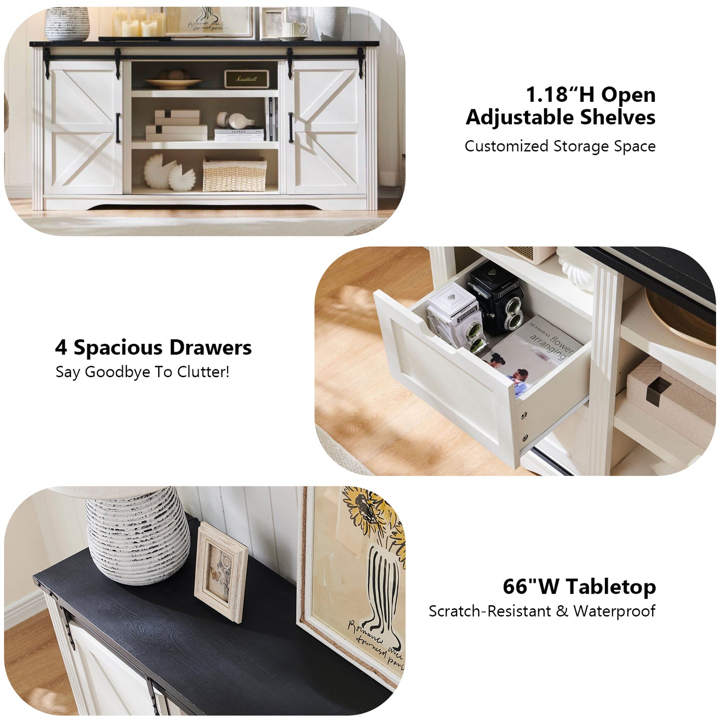 Farmhouse TV Stand with 4 Drawer for TVs up to 75", Farmhouse Entertainment Center with Adjustable Shelves & Barn Door