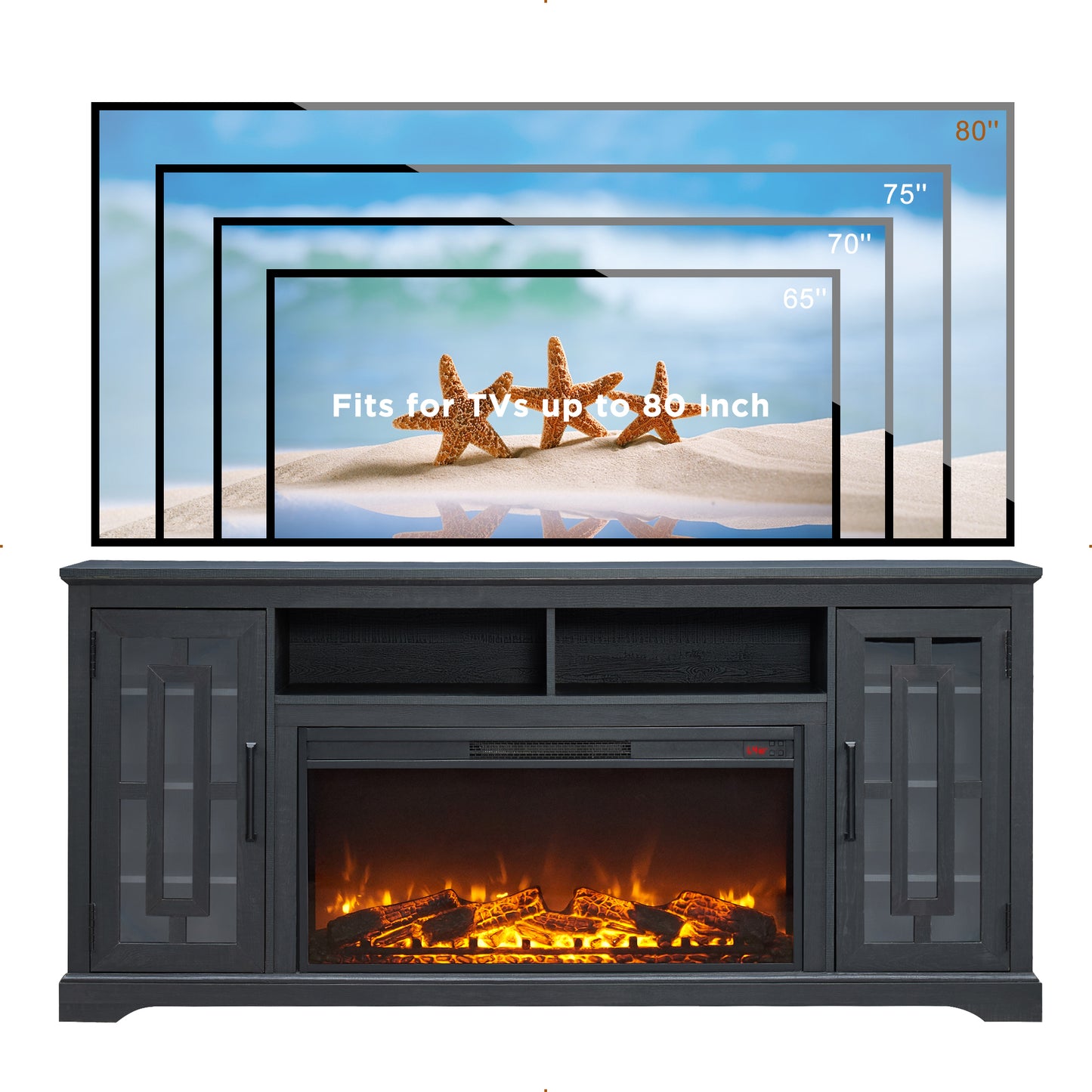 T4TREAM 70" Fireplace TV Stand for 75 80 inch TV, Farmhouse Highboy Entertainment Center for Living Room, Black