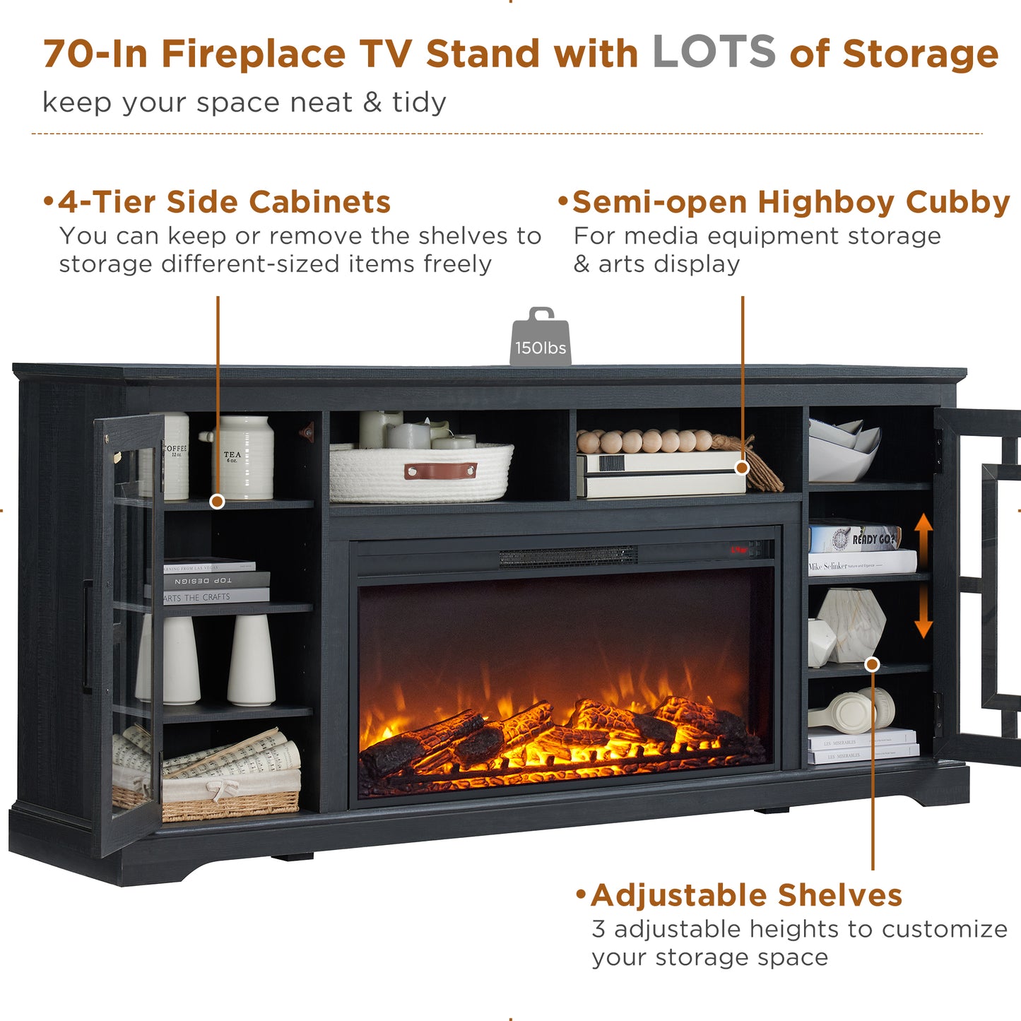 T4TREAM 70" Fireplace TV Stand for 75 80 inch TV, Farmhouse Highboy Entertainment Center for Living Room, Black