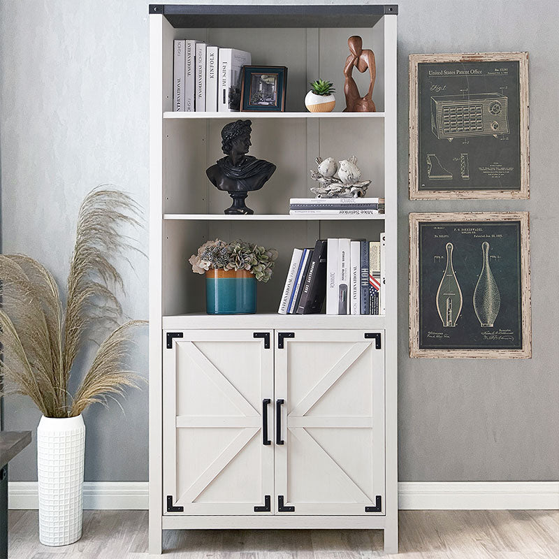 JXQTLINGMU 70 inch Farmhouse Bookcase with Doors, 5 Tier Large Bookshelf with Storage, Barn Door Kitchen Pantry