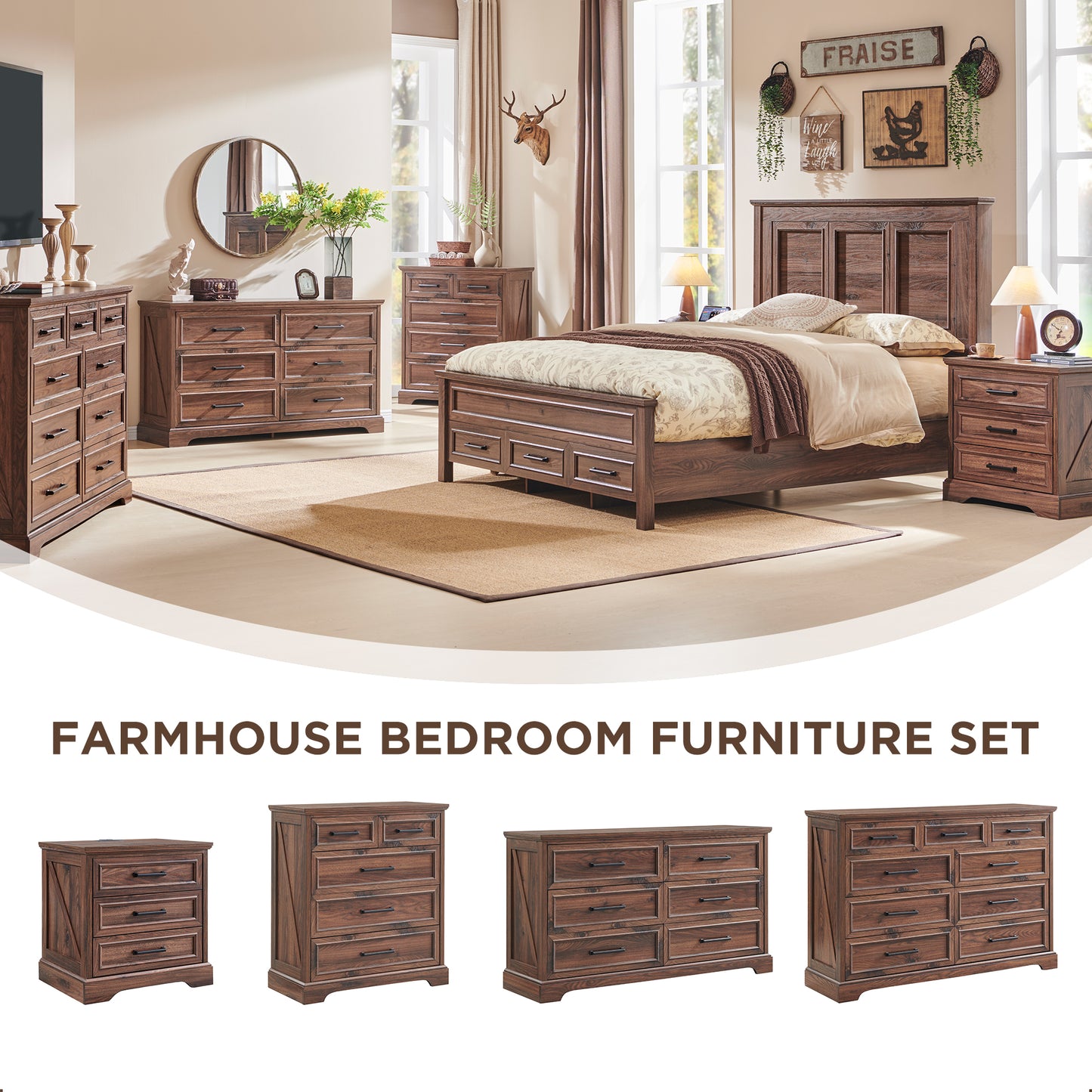 Rustic 3 Drawers Nightstand with Charging Station, 24" Wide Wood Farmhouse Night Stand with Drawers for Bedroom, Living Room