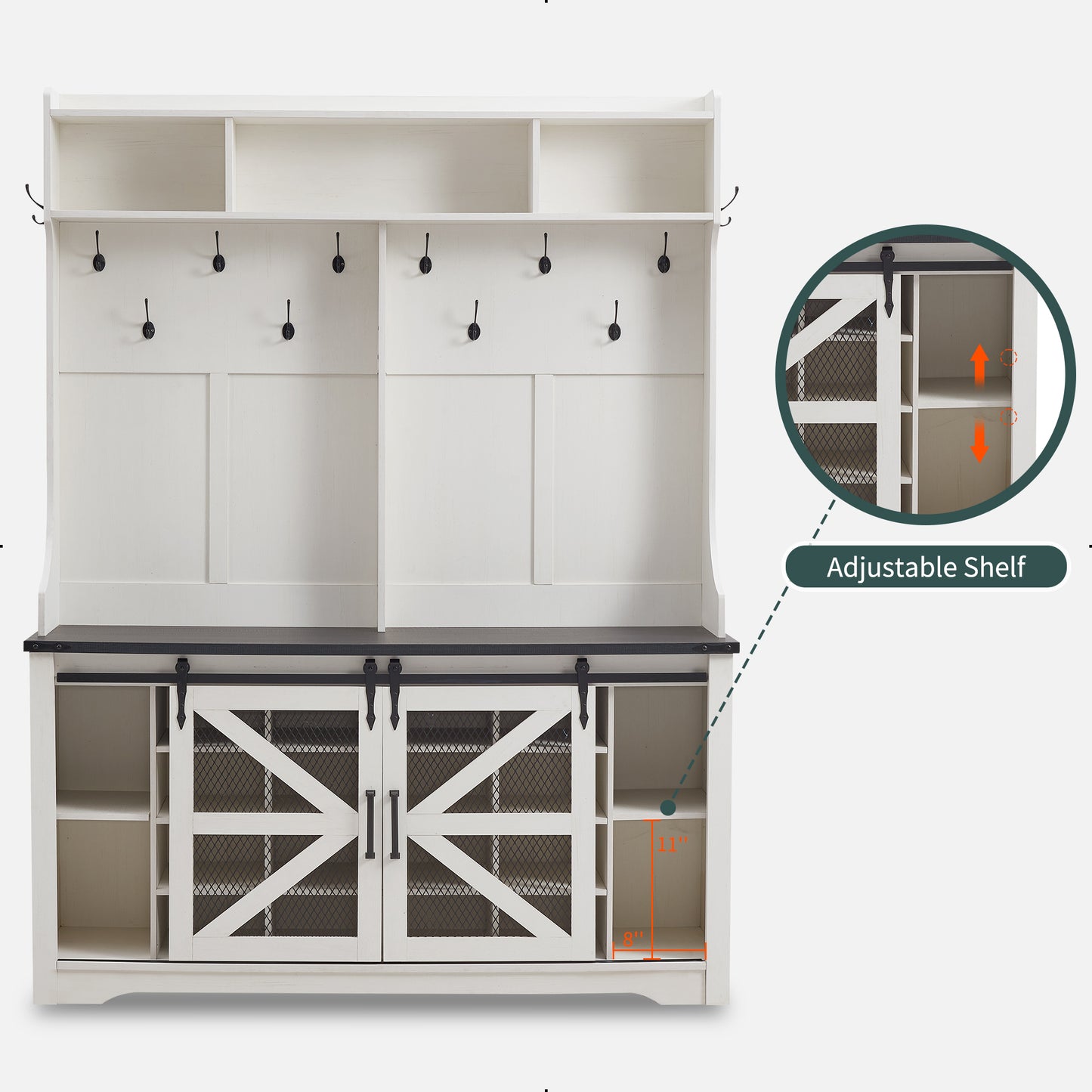 T4TREAM Farmhouse Hall Tree with Bench and 20 Shoe Storage, Entryway Bench with Sliding Barn Door, and 12 Coat Hooks