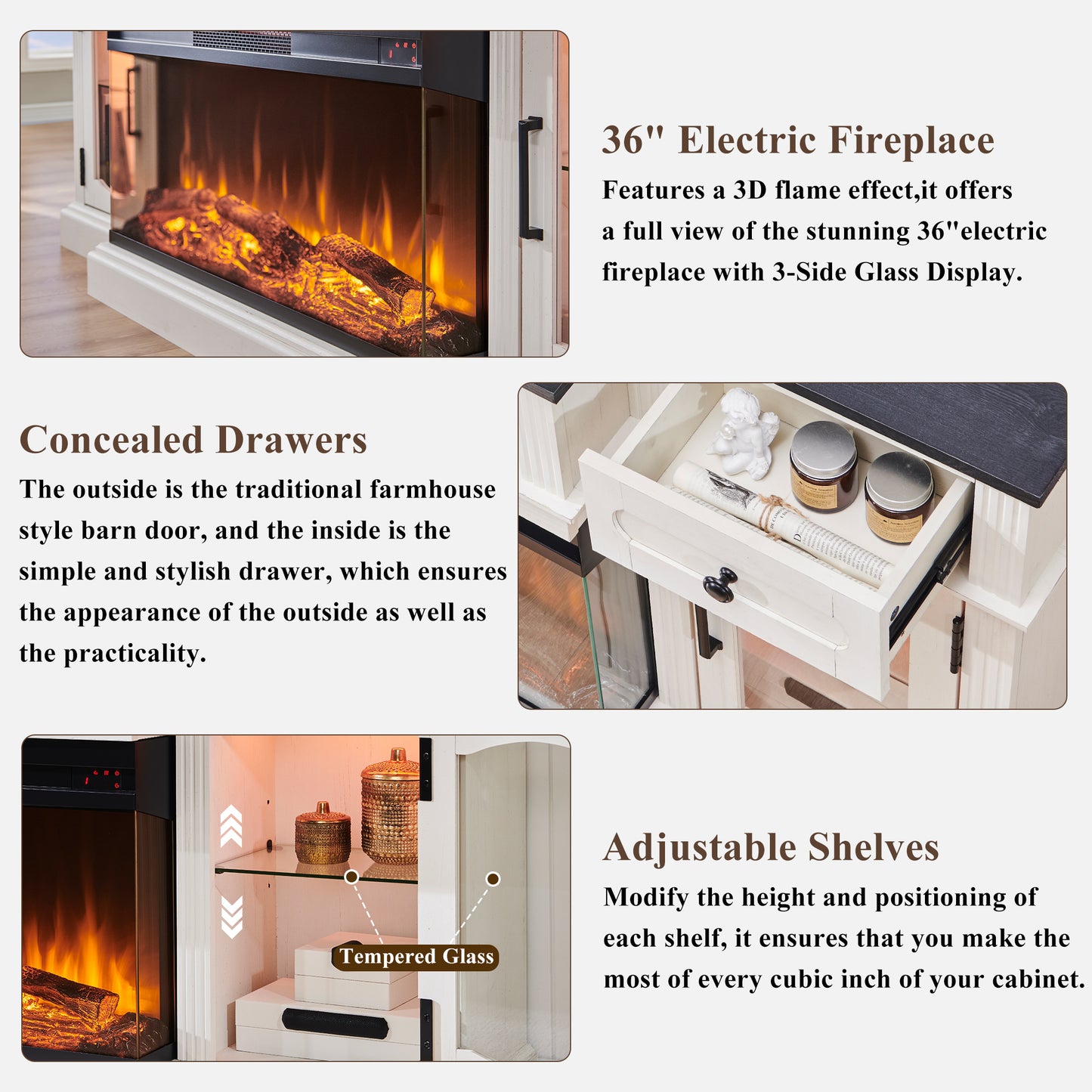 T4TREAM Farmhouse 70" Fireplace Electric TV Stand for TVs up to 80", Highboy Media Console with 36" 3-Sided Glass Fireplace & LED Lights, Entertainment Center for Bedroom/Living Room, Antique White