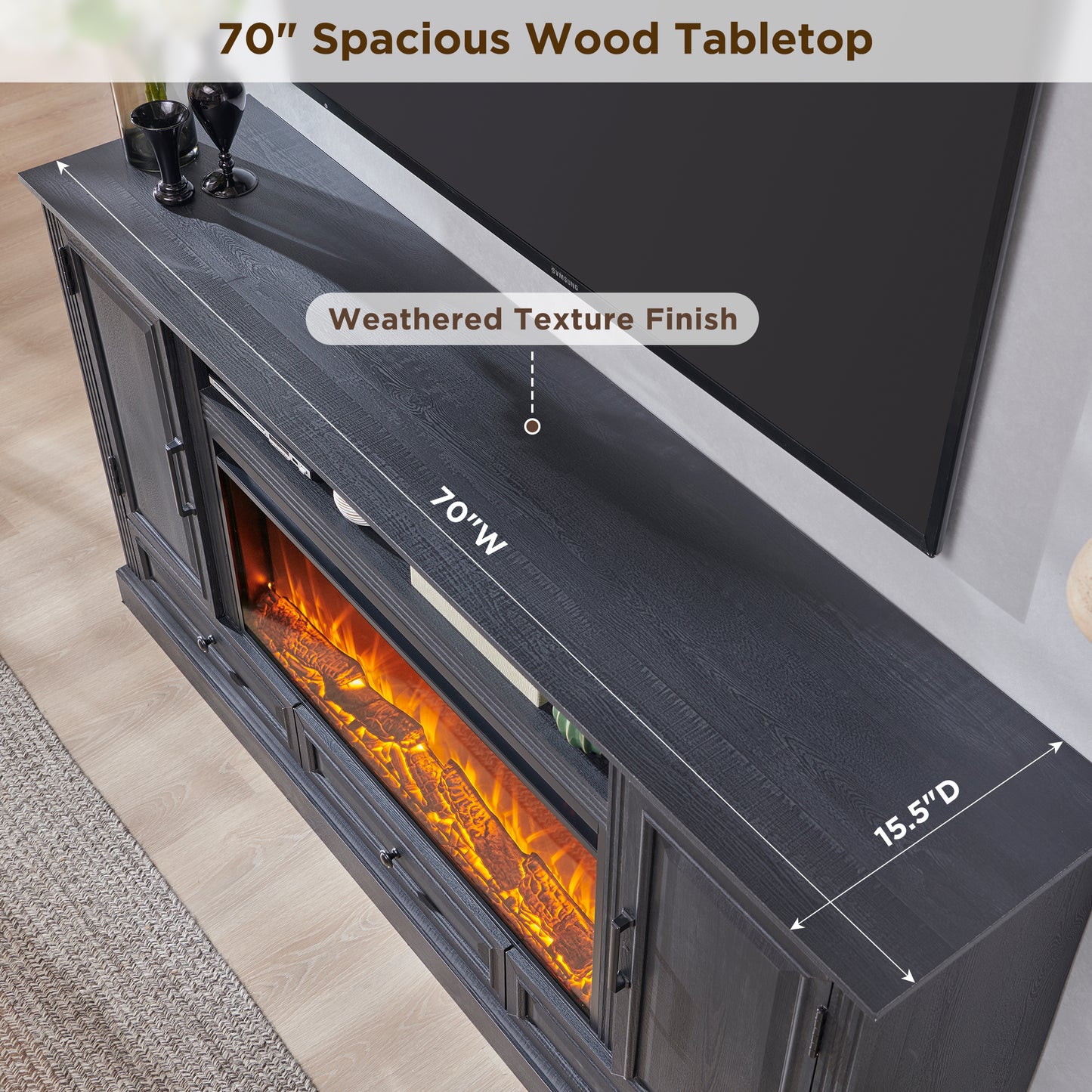 T4TREAM Farmhouse 70" Fireplace TV Stand for TVs up to 80", Entertainment Center W/36" Electric Fireplace Highboy Media Console with Large Storage Cabinets and Drawers for Living Room
