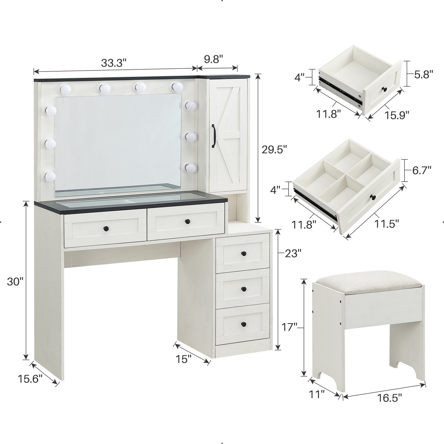 Farmhouse Vanity Desk with LED Lighted Mirror, Rustic Makeup Vanity Desk with Power Outlet, 3 Drawers and Stool for Bedroom, White