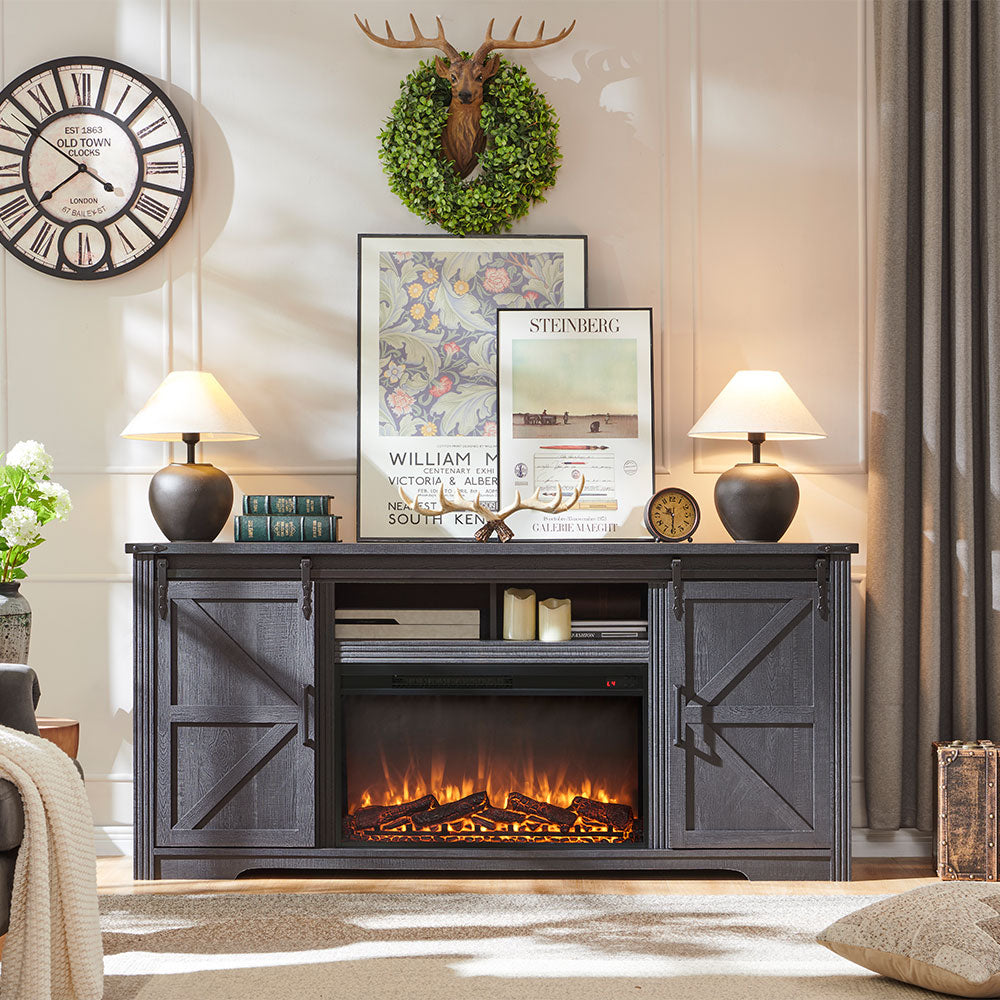 JXQTLINGMU Farmhouse Fireplace TV Stand for 80 Inch TV, 32" Tall Entertainment Center w/Drawer & Sliding Barn Door
