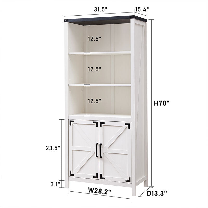 JXQTLINGMU 70 inch Farmhouse Bookcase with Doors, 5 Tier Large Bookshelf with Storage, Barn Door Kitchen Pantry